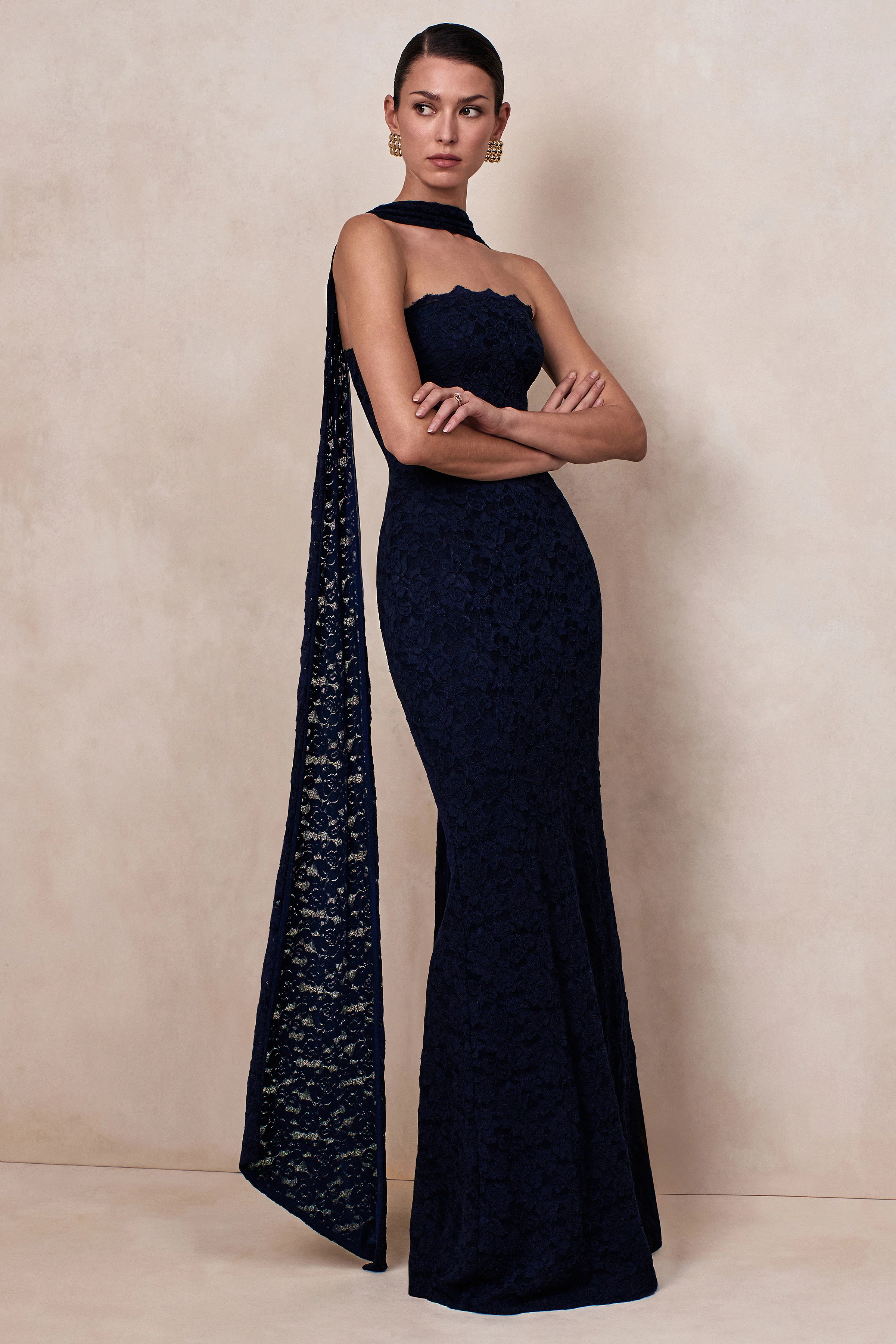 Massima | Navy Lace Bandeau Maxi Dress With Scarf-Detail - Image 3