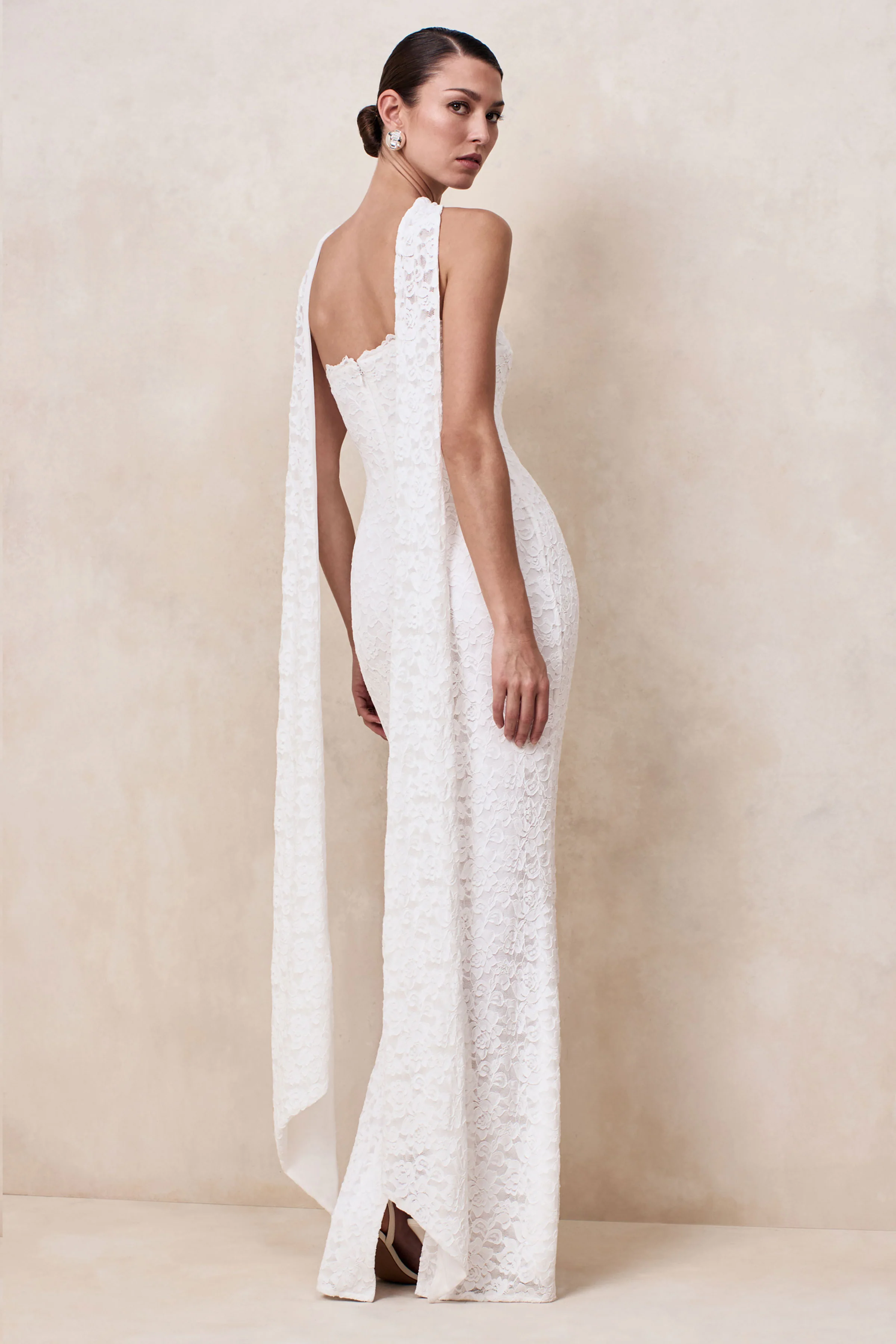 Massima | White Lace Bandeau Maxi Dress With Scarf-Detail - Image 2