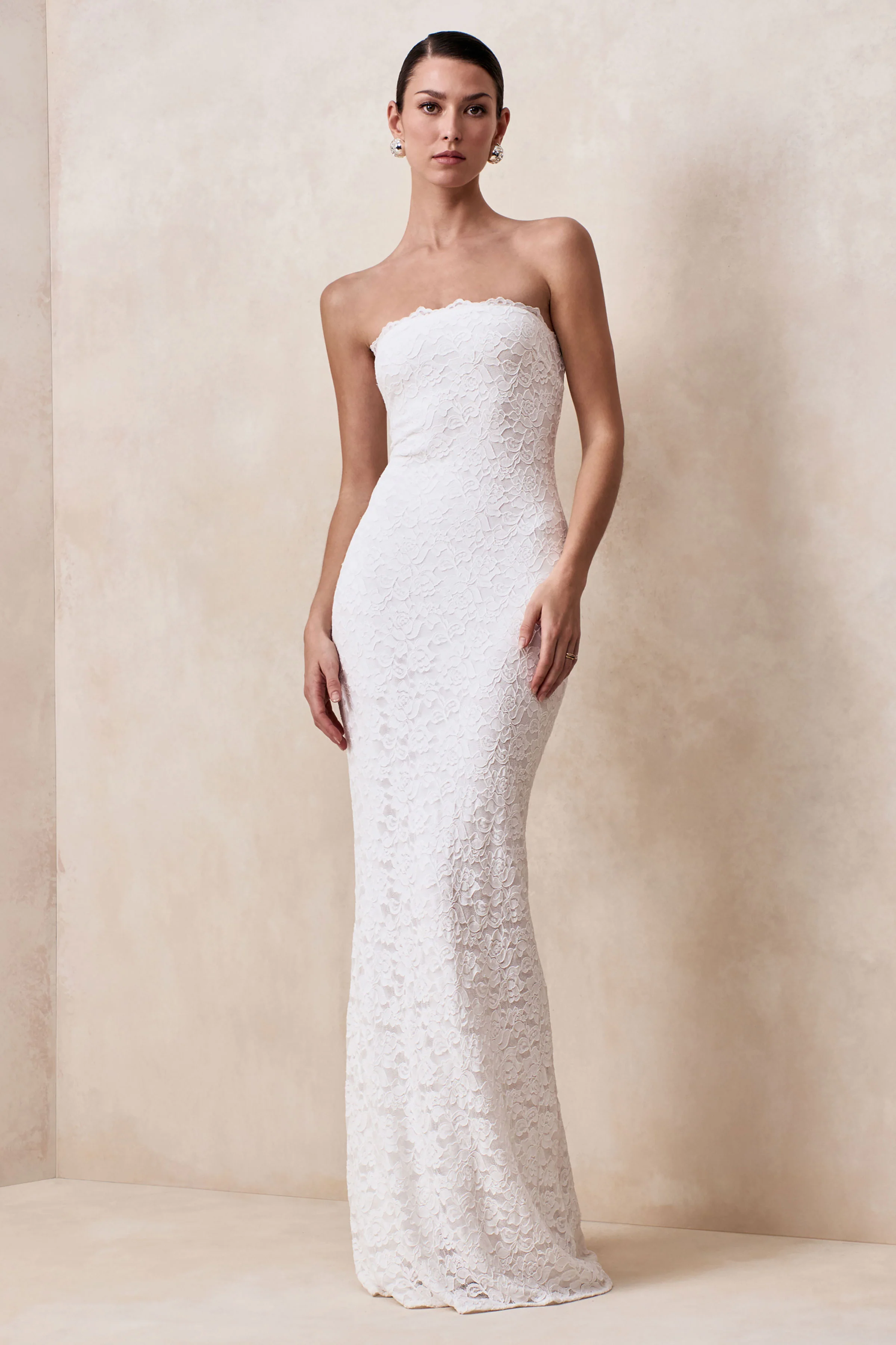 Massima | White Lace Bandeau Maxi Dress With Scarf-Detail - Image 4