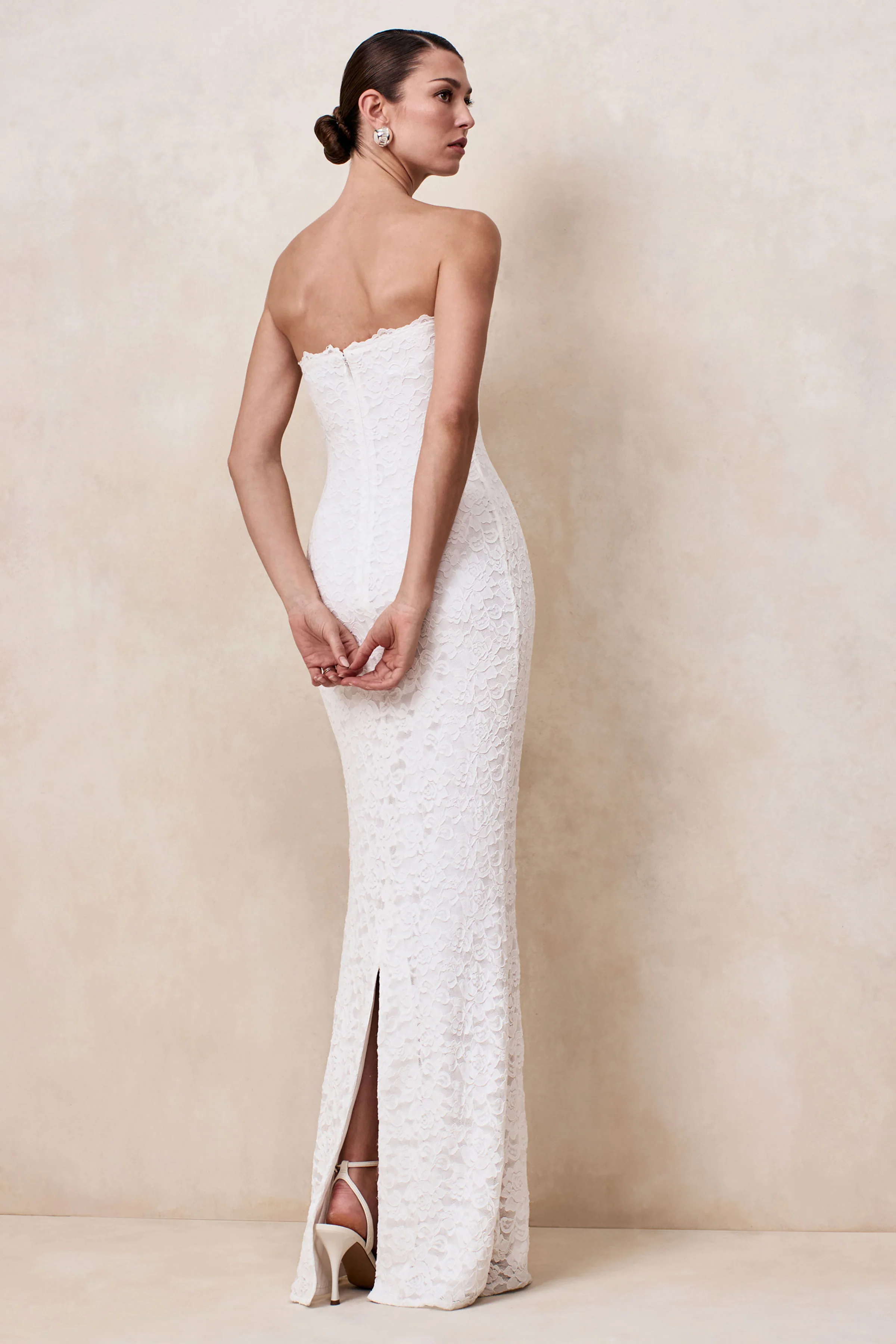 Massima | White Lace Bandeau Maxi Dress With Scarf-Detail - Image 5
