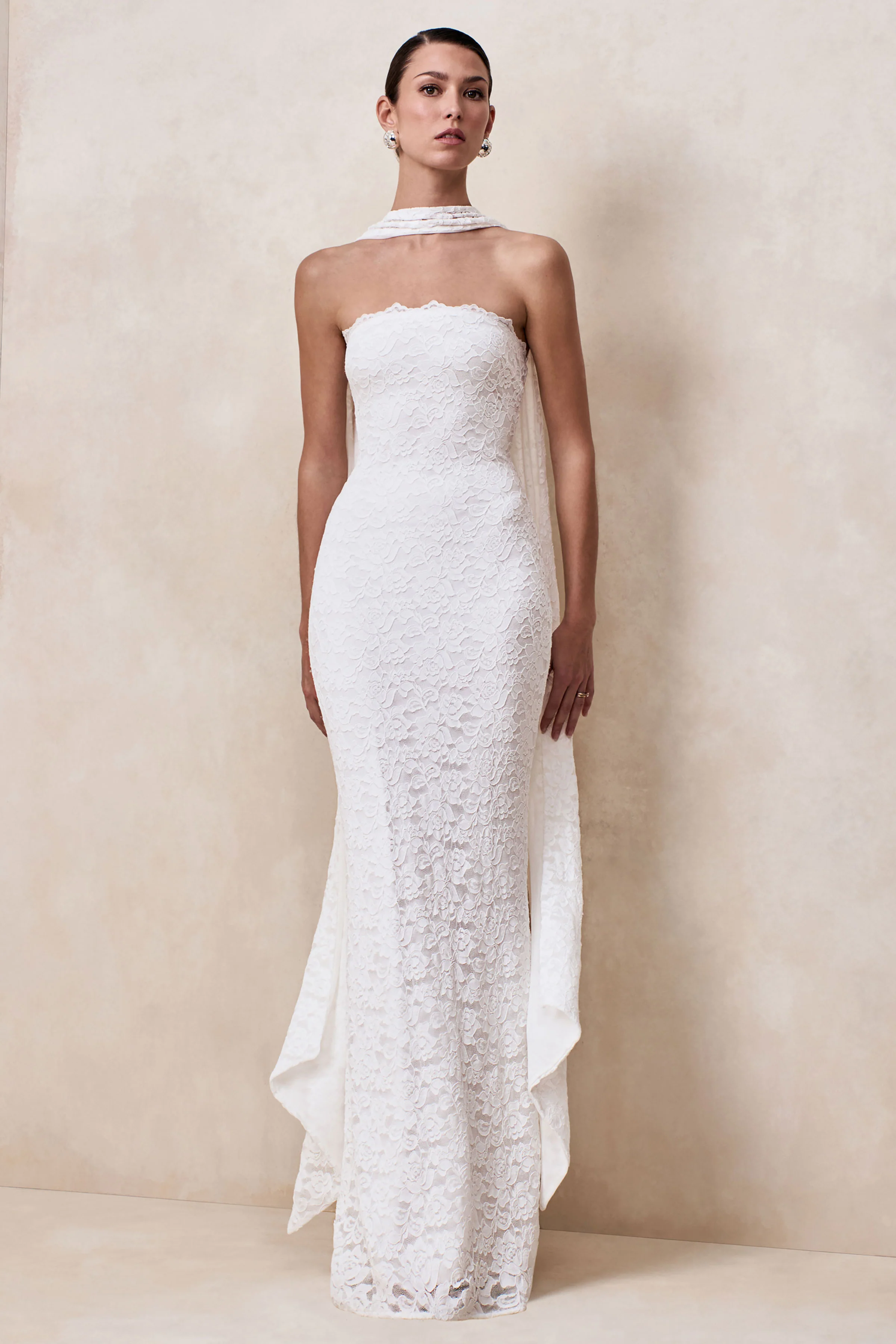 Massima | White Lace Bandeau Maxi Dress With Scarf-Detail - Image 6