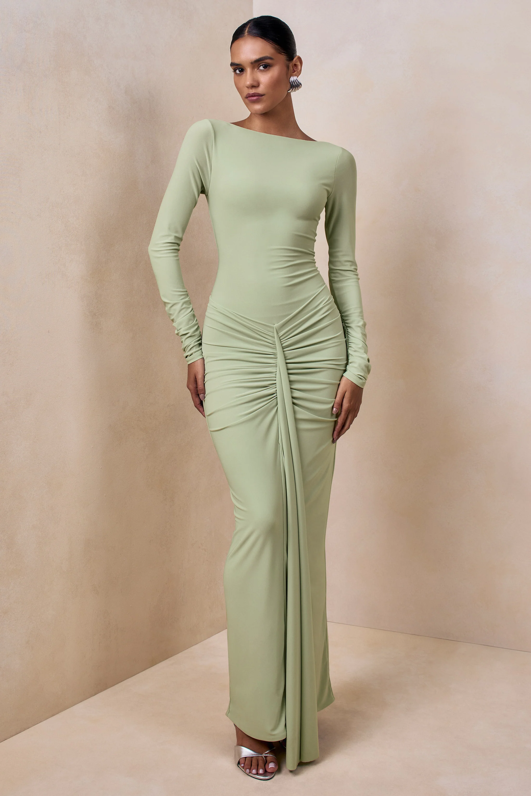 Matilda | Light Green Boat-Neck Maxi Dress With Ruched Detailing - Image 5