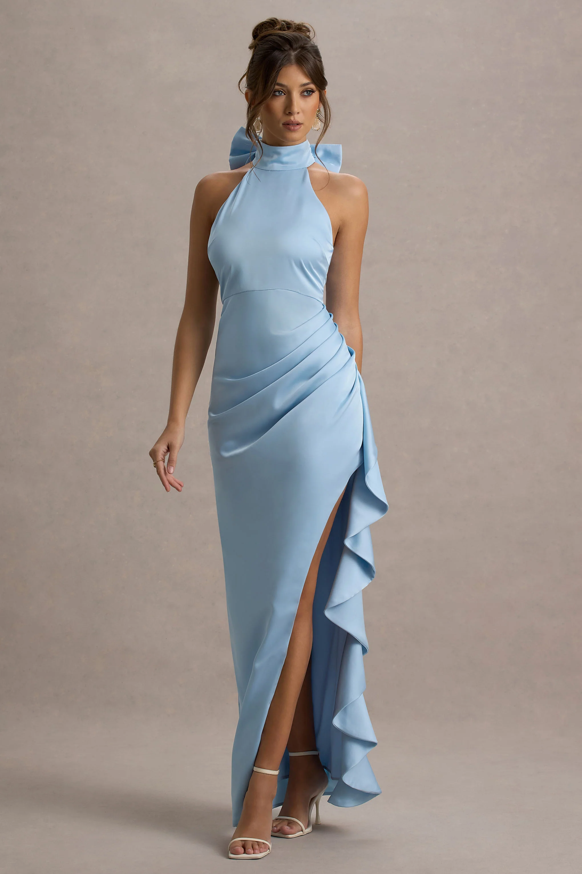 Maureen | Powder Blue Satin High-Neck Draped Maxi Dress - Image 4