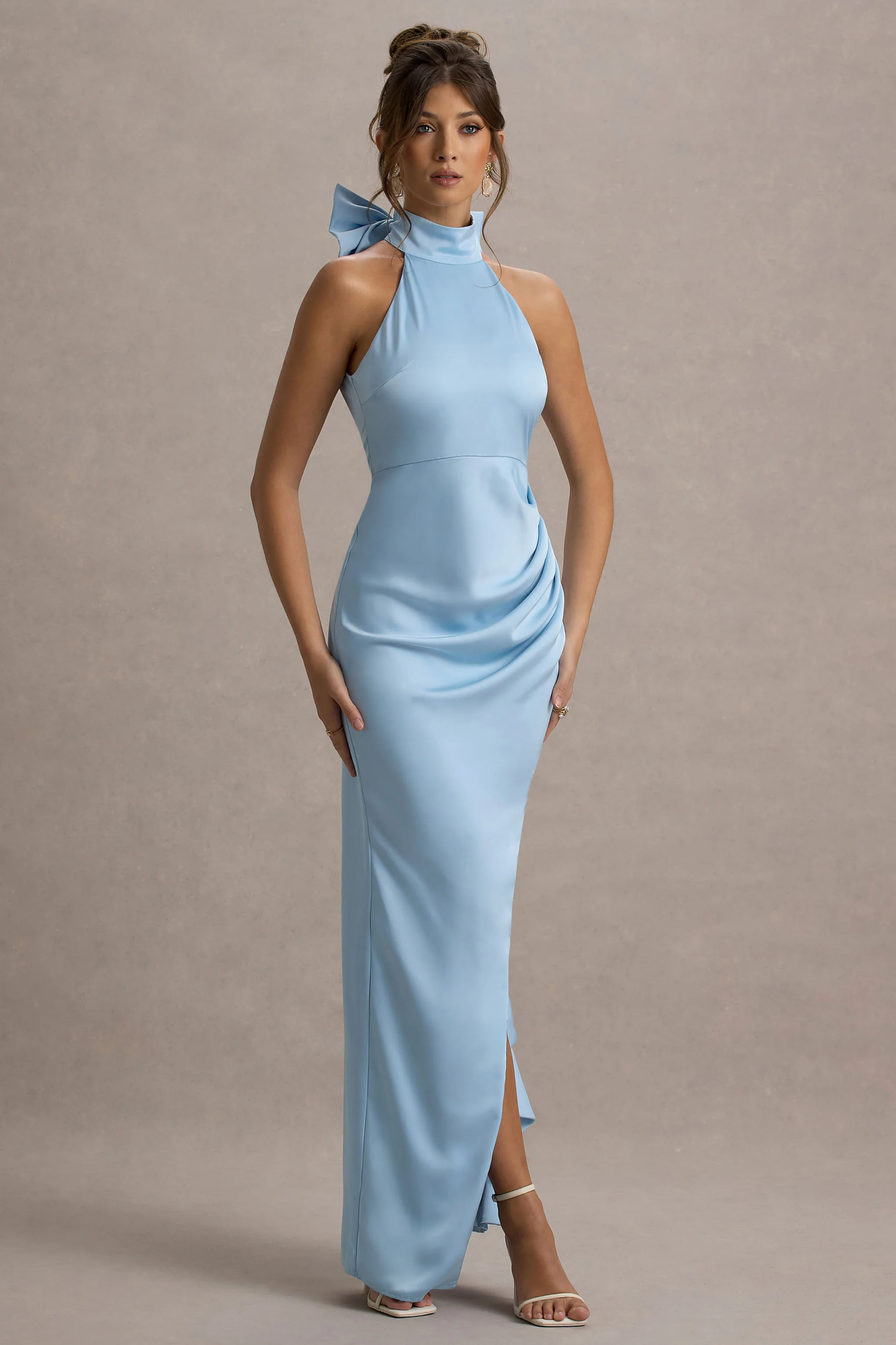 Maureen | Powder Blue Satin High-Neck Draped Maxi Dress - Image 5
