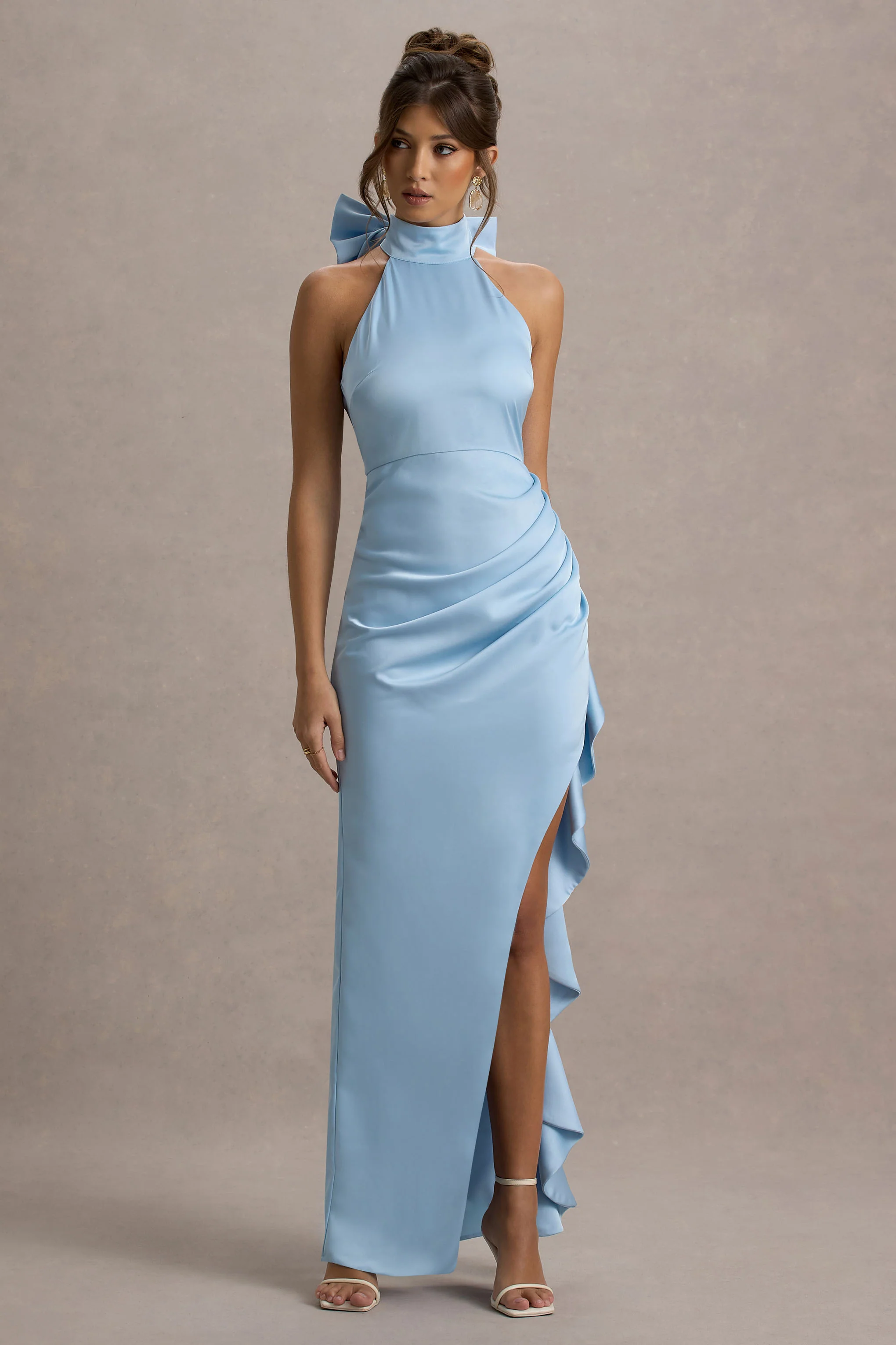 Maureen | Powder Blue Satin High-Neck Draped Maxi Dress - Image 6