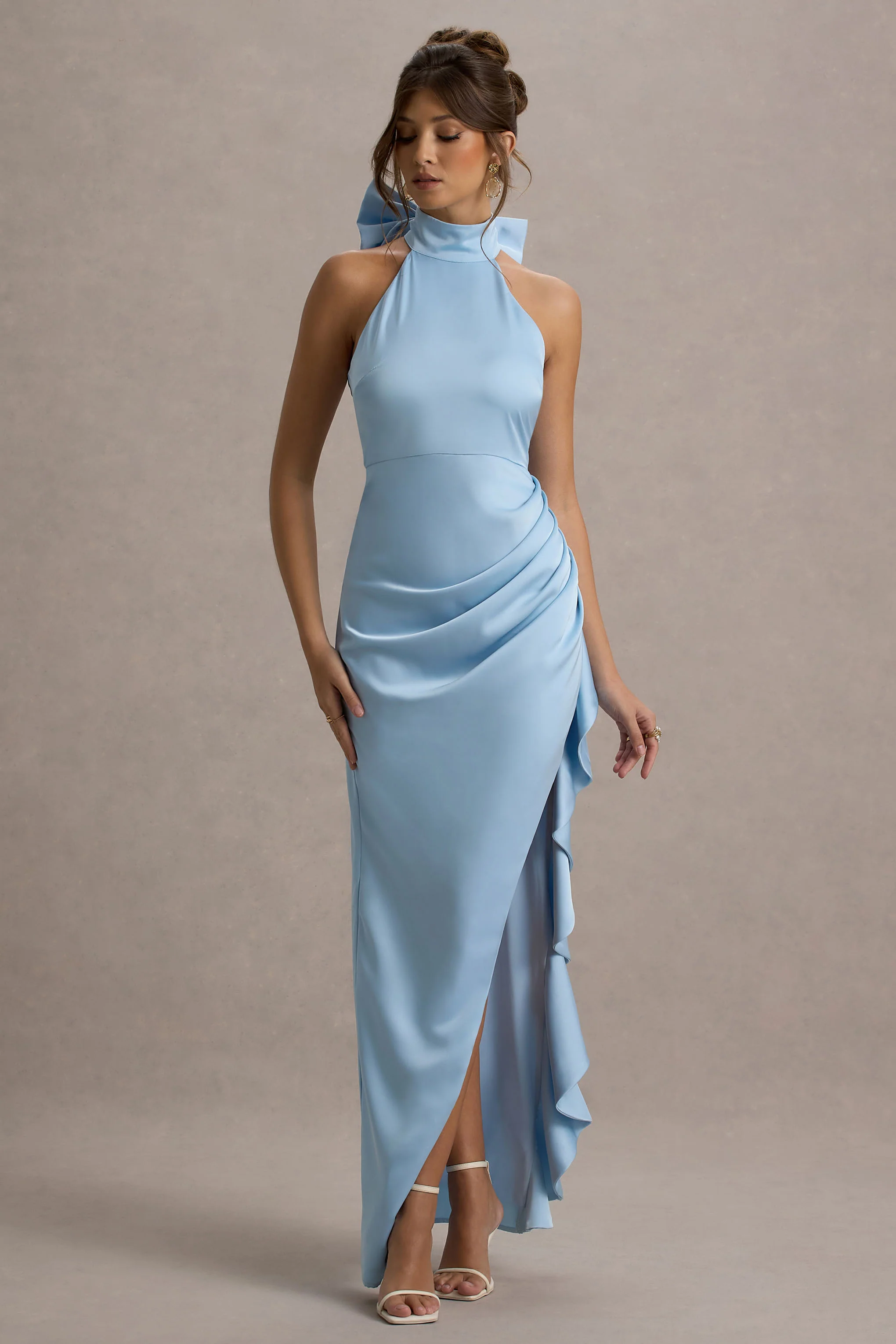 Maureen | Powder Blue Satin High-Neck Draped Maxi Dress - Image 7