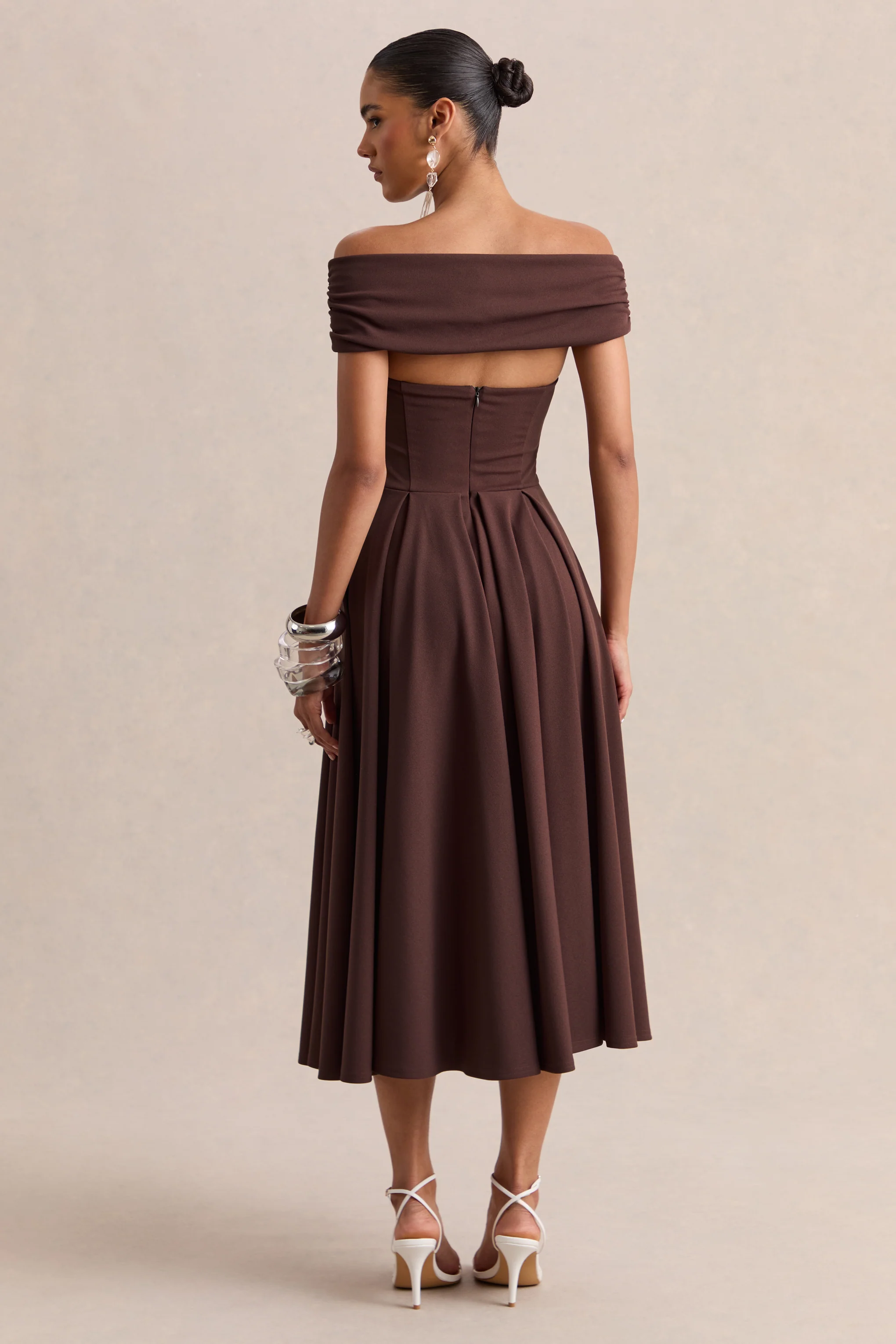 Mavina | Brown Bardot-Neck Midi Dress - Image 2