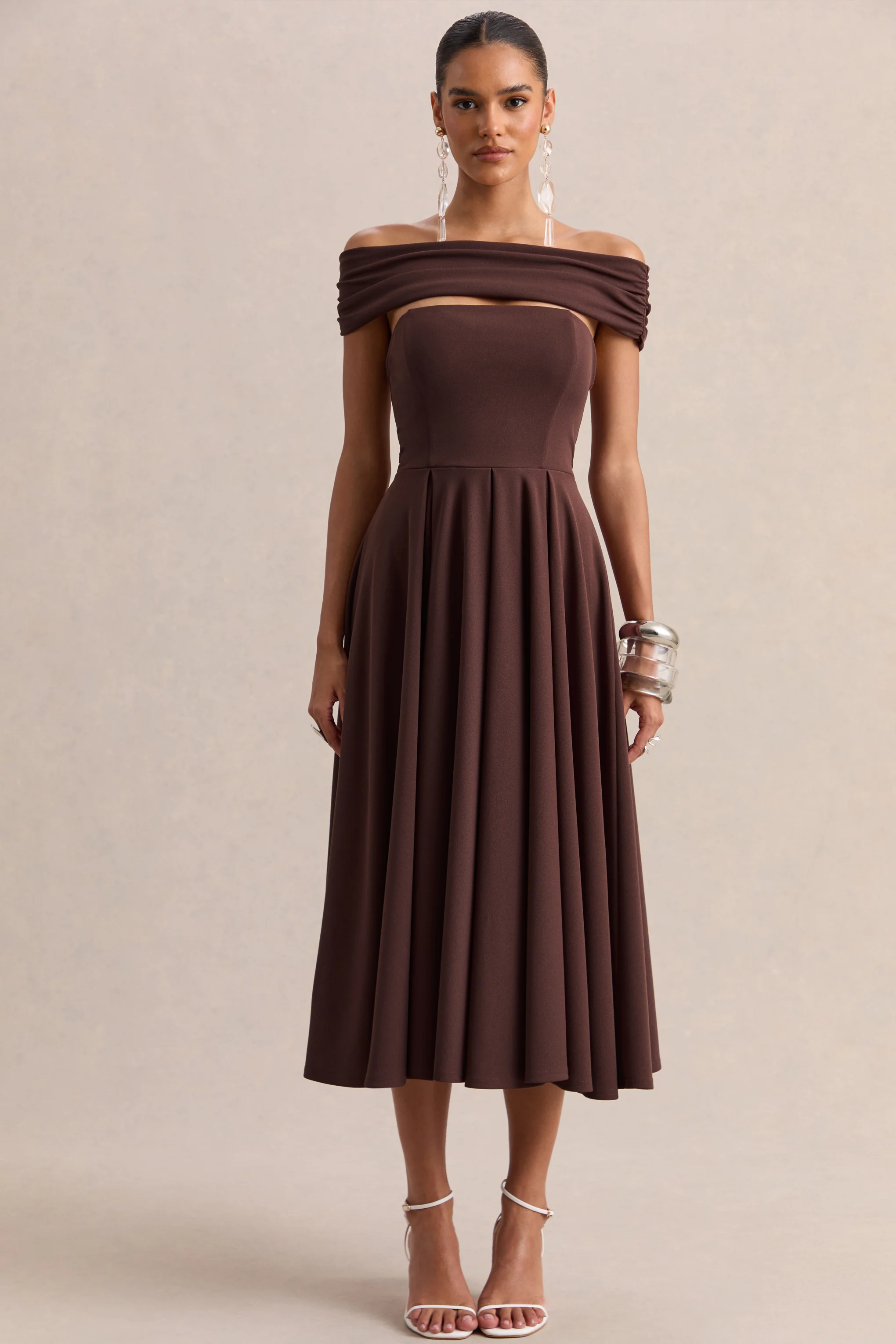 Mavina | Brown Bardot-Neck Midi Dress - Image 4