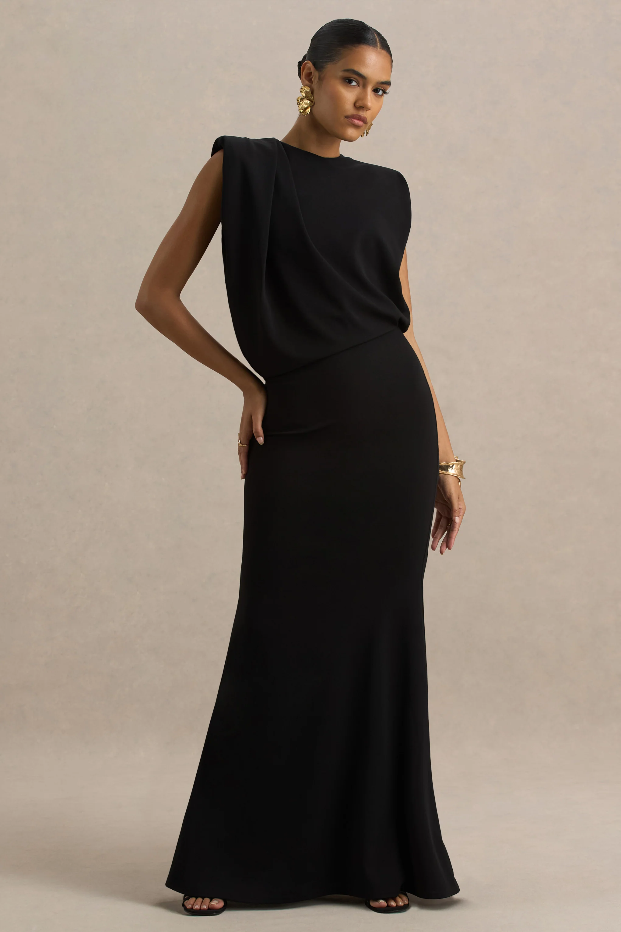 Meave | Black Boat-Neck Maxi Dress With Draped Detail - Image 3
