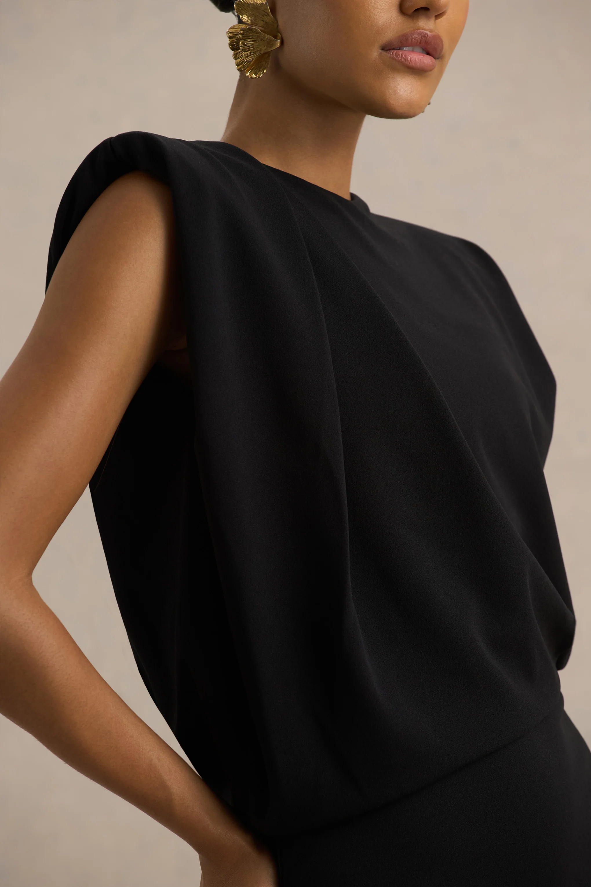 Meave | Black Boat-Neck Maxi Dress With Draped Detail - Image 4