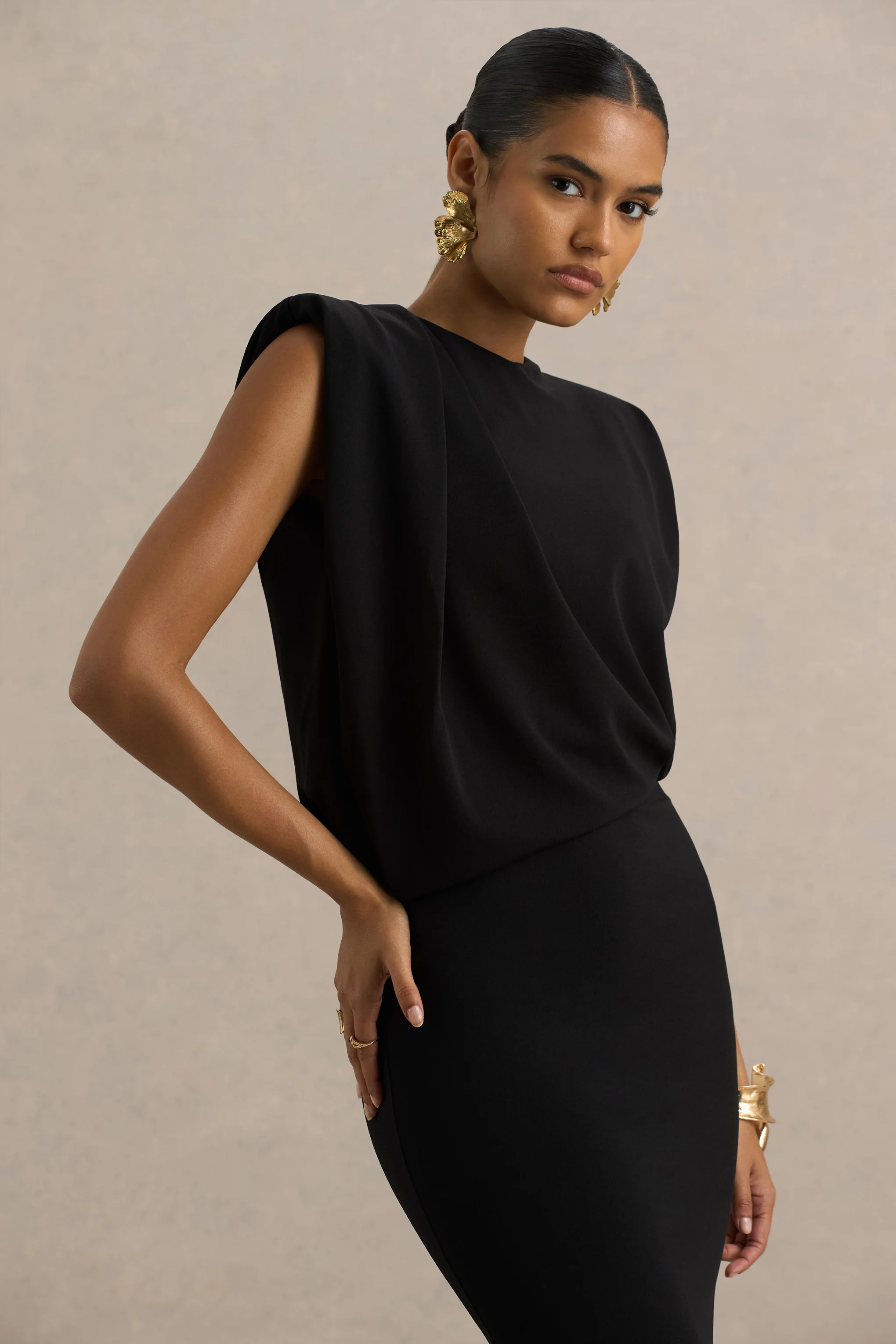 Meave | Black Boat-Neck Maxi Dress With Draped Detail - Image 5
