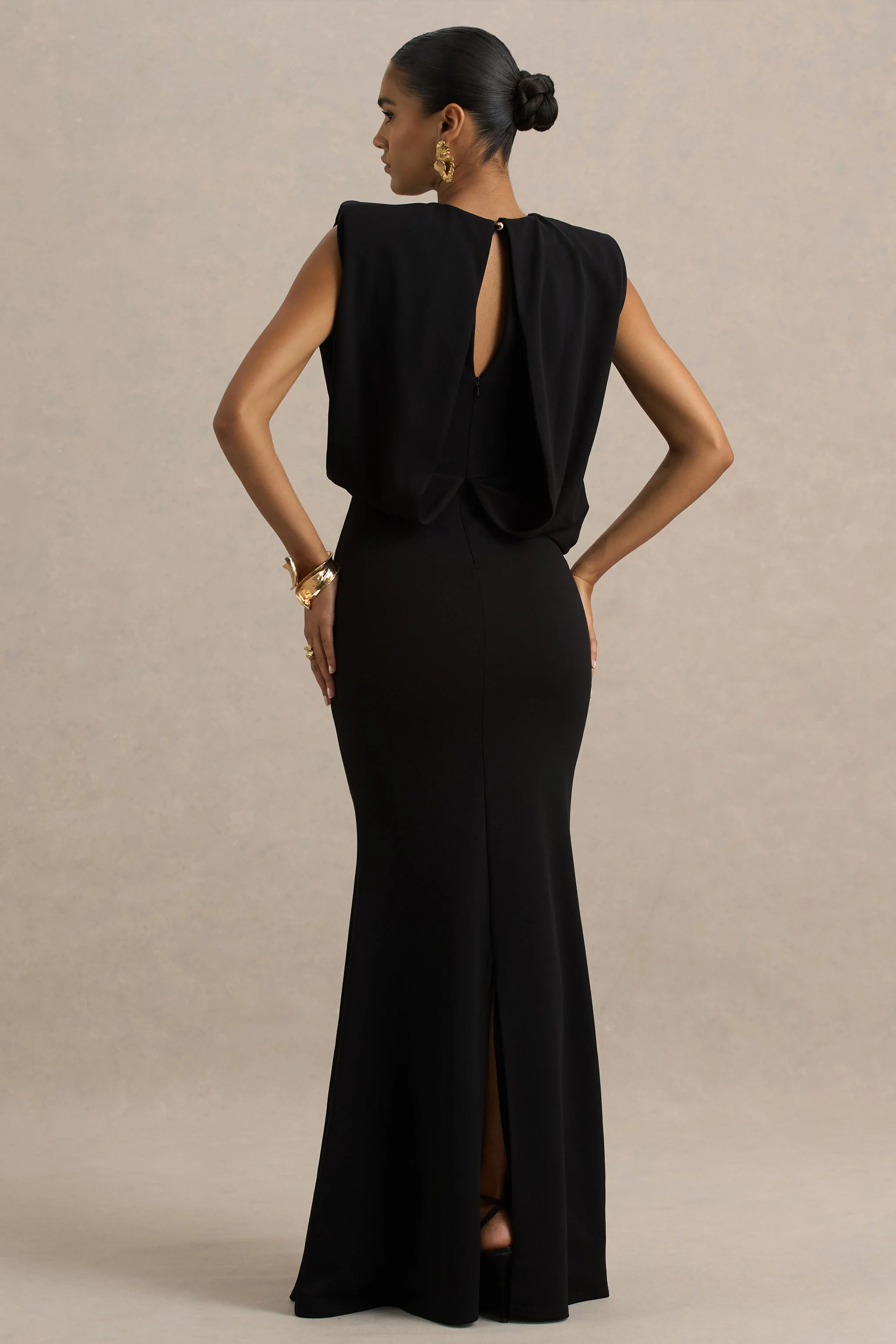Meave | Black Boat-Neck Maxi Dress With Draped Detail - Image 6