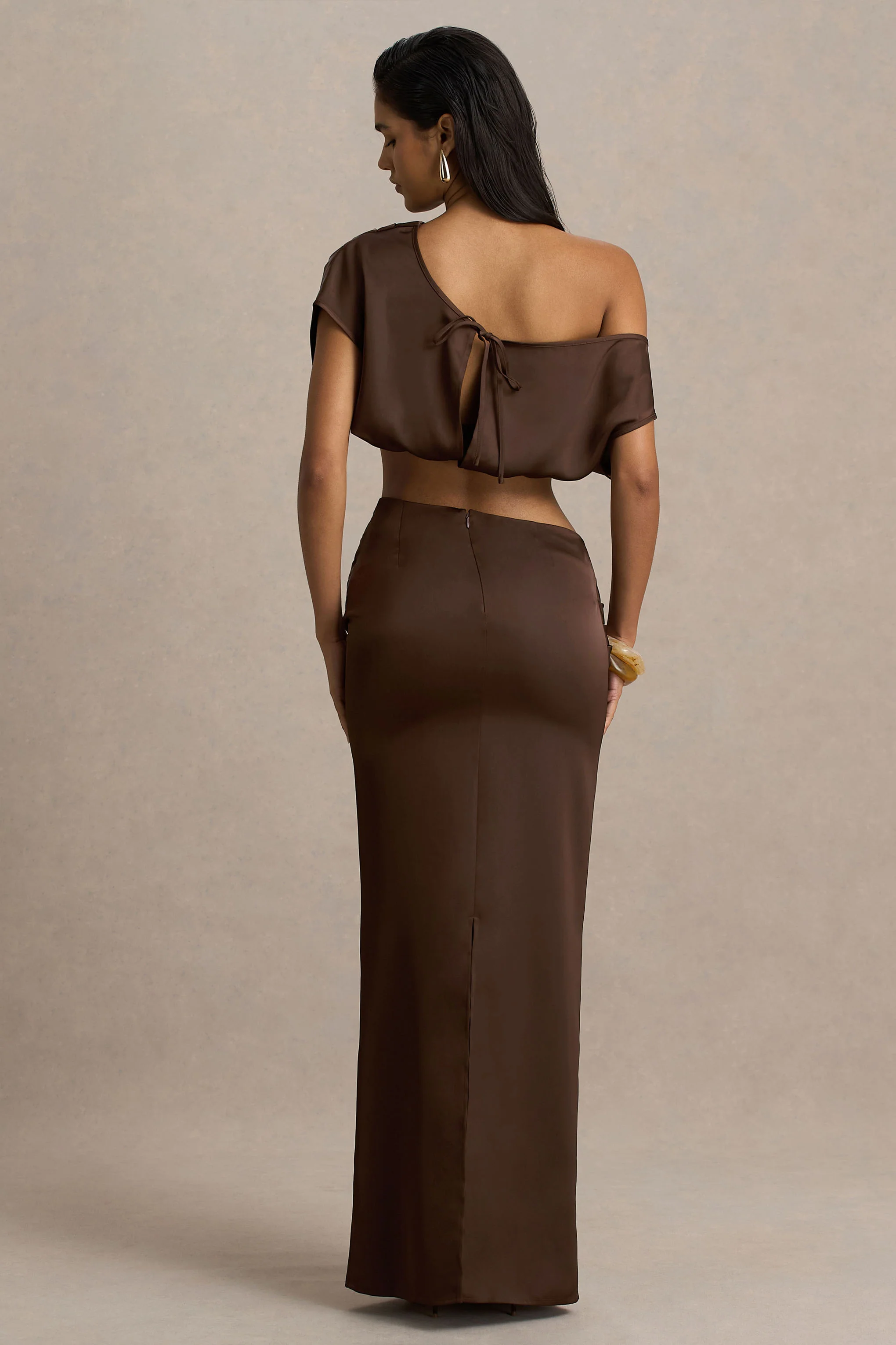 Megan | Brown Satin Wrap Maxi-Skirt With Gathered Detailing - Image 2