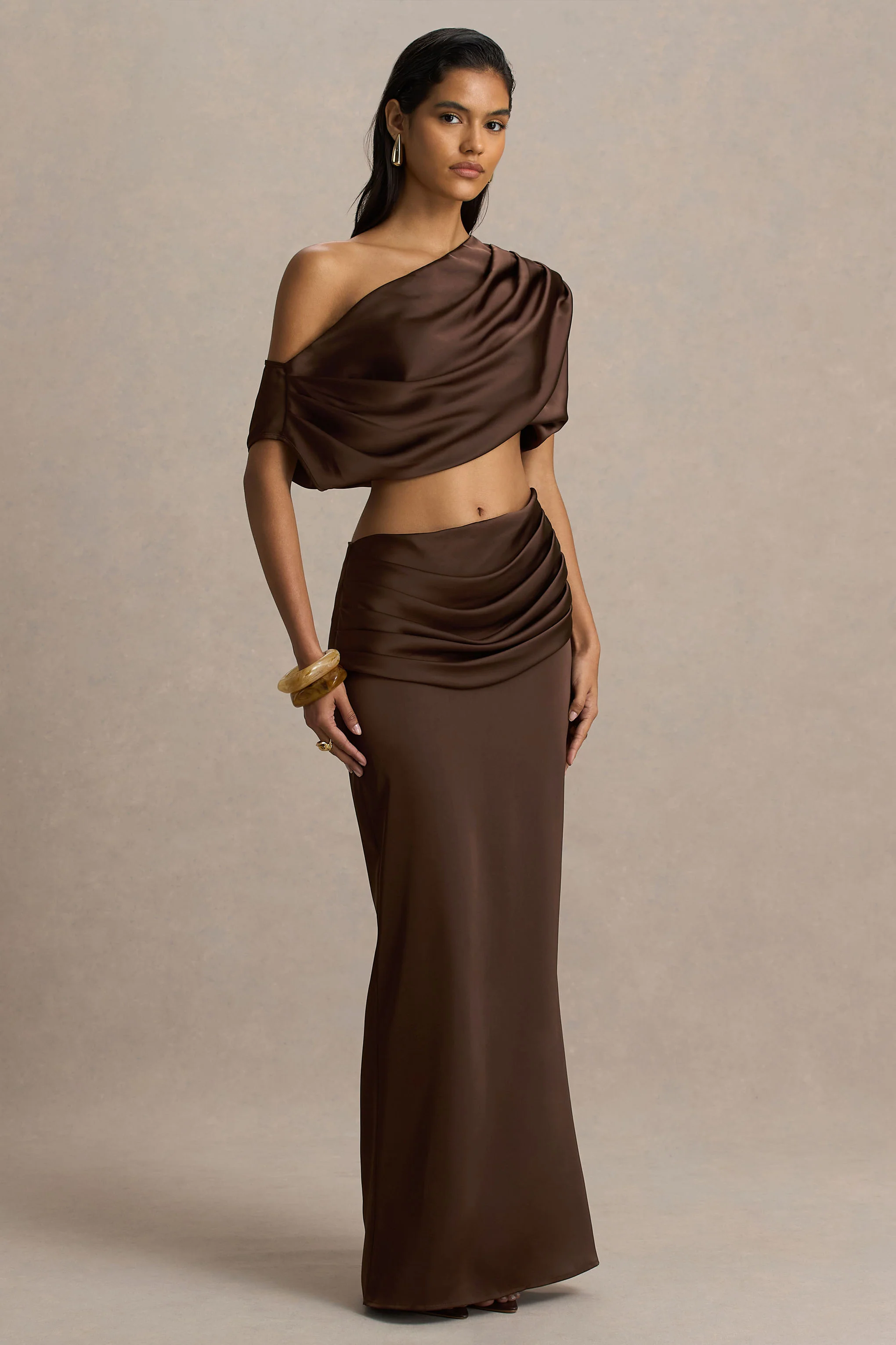 Megan | Brown Satin Wrap Maxi-Skirt With Gathered Detailing - Image 6