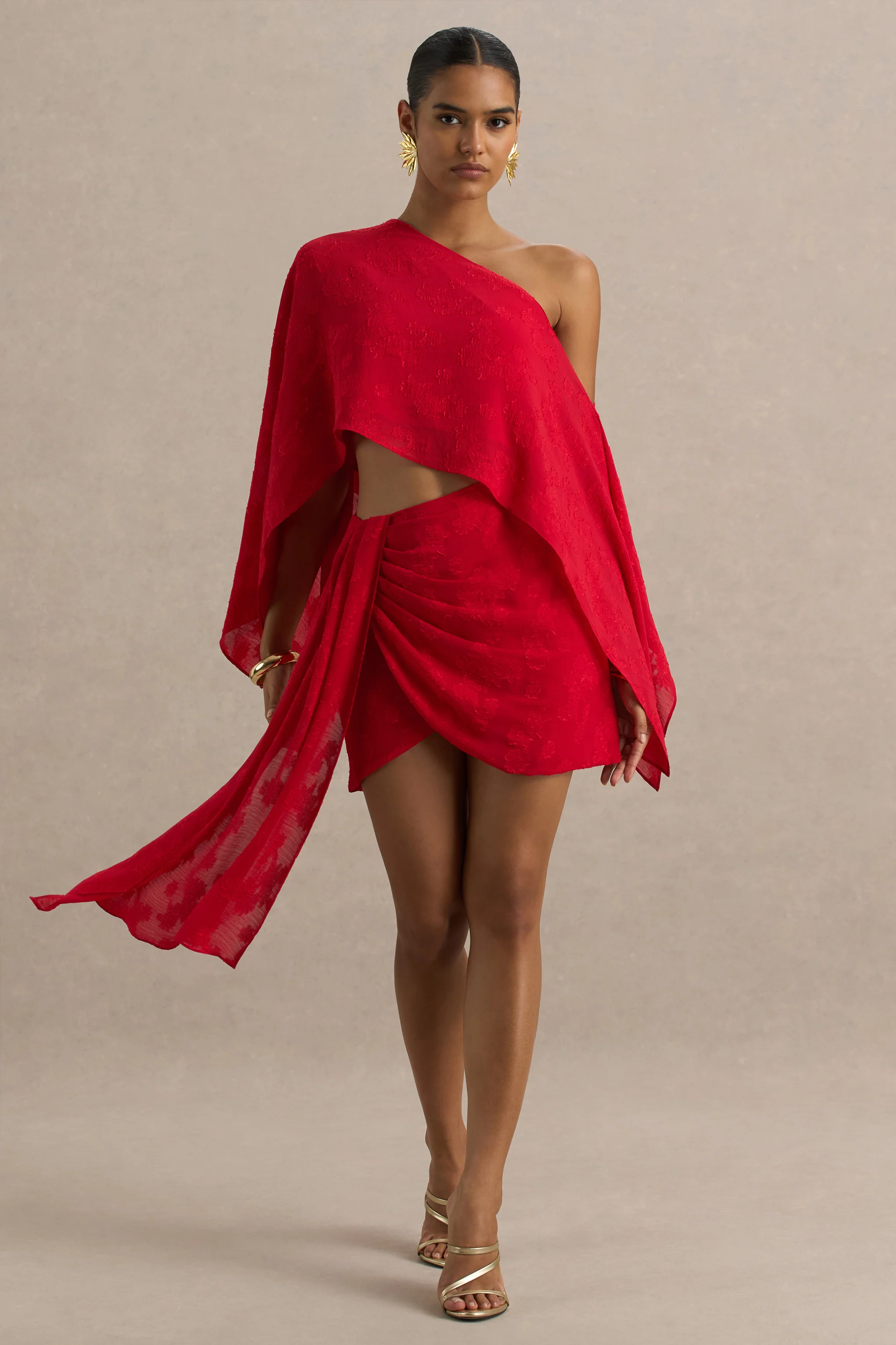 Melania | Red Satin Devore Wrap Mini Skirt With Sash Detail - Image 4