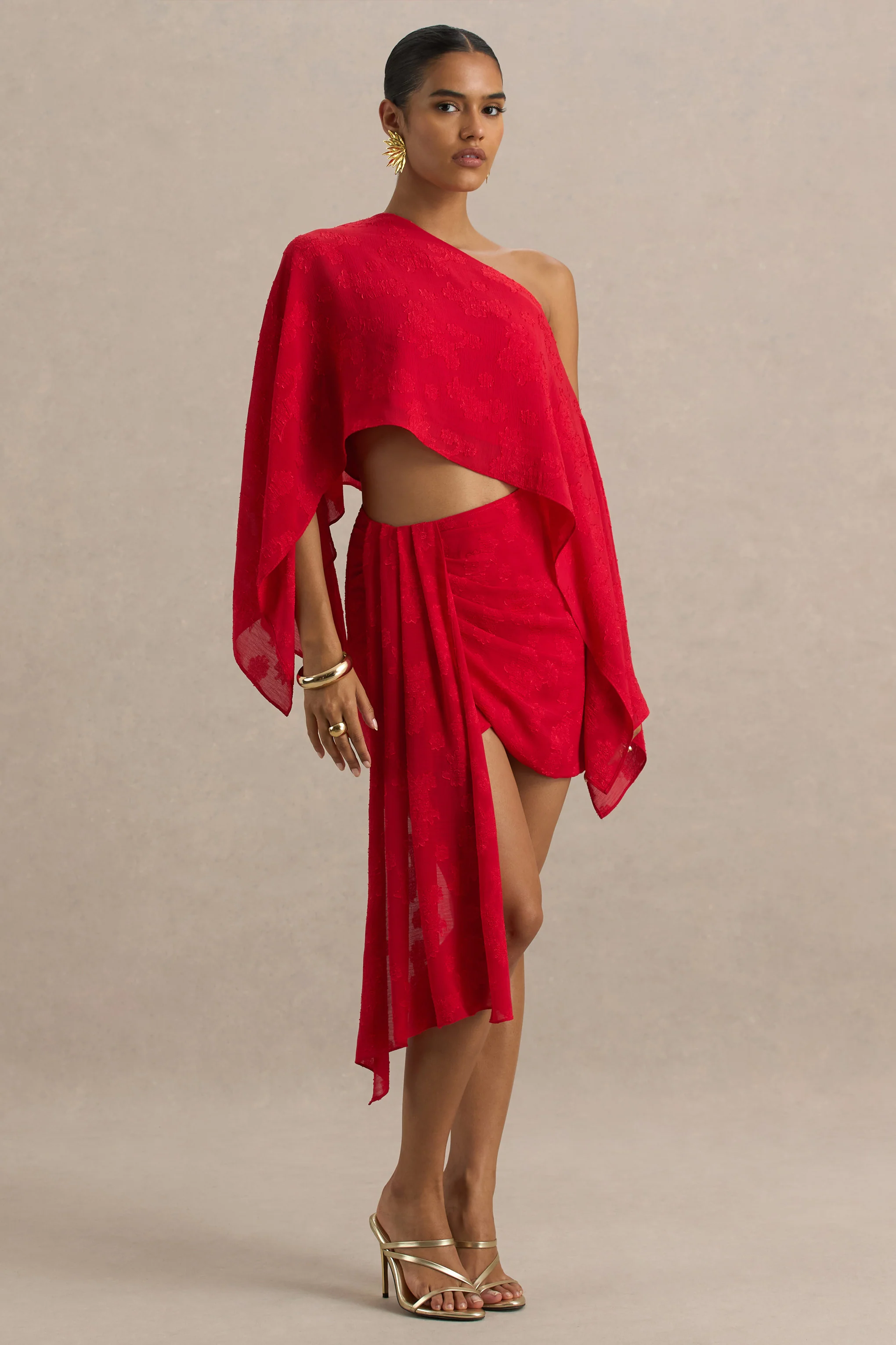 Melania | Red Satin Devore Wrap Mini Skirt With Sash Detail - Image 5