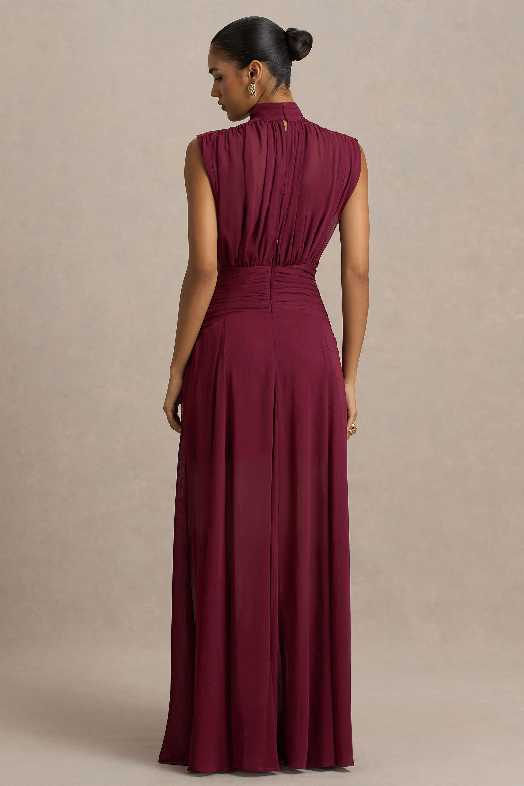 Melanina | Burgundy High-Neck Maxi Dress With Ruched Detailing - Image 2