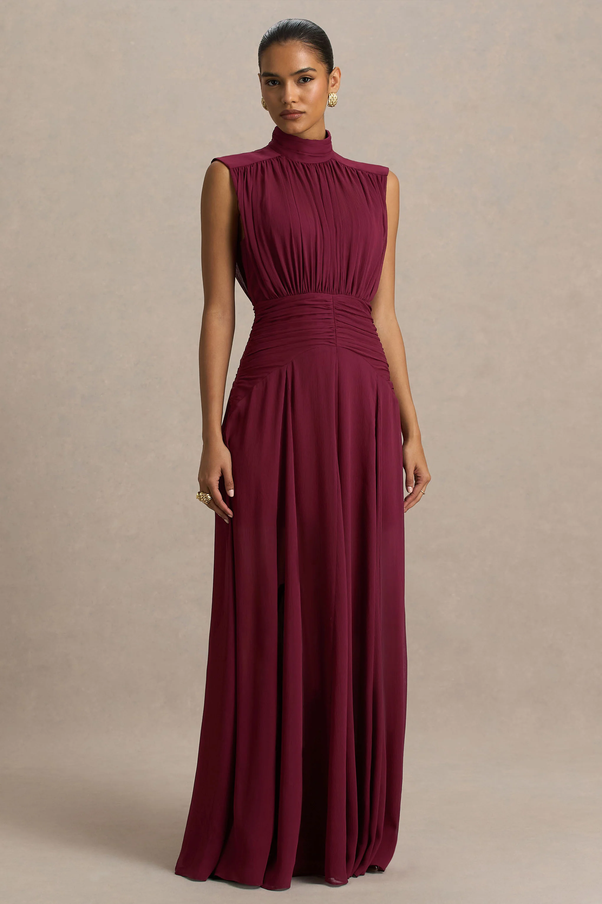 Melanina | Burgundy High-Neck Maxi Dress With Ruched Detailing - Image 4