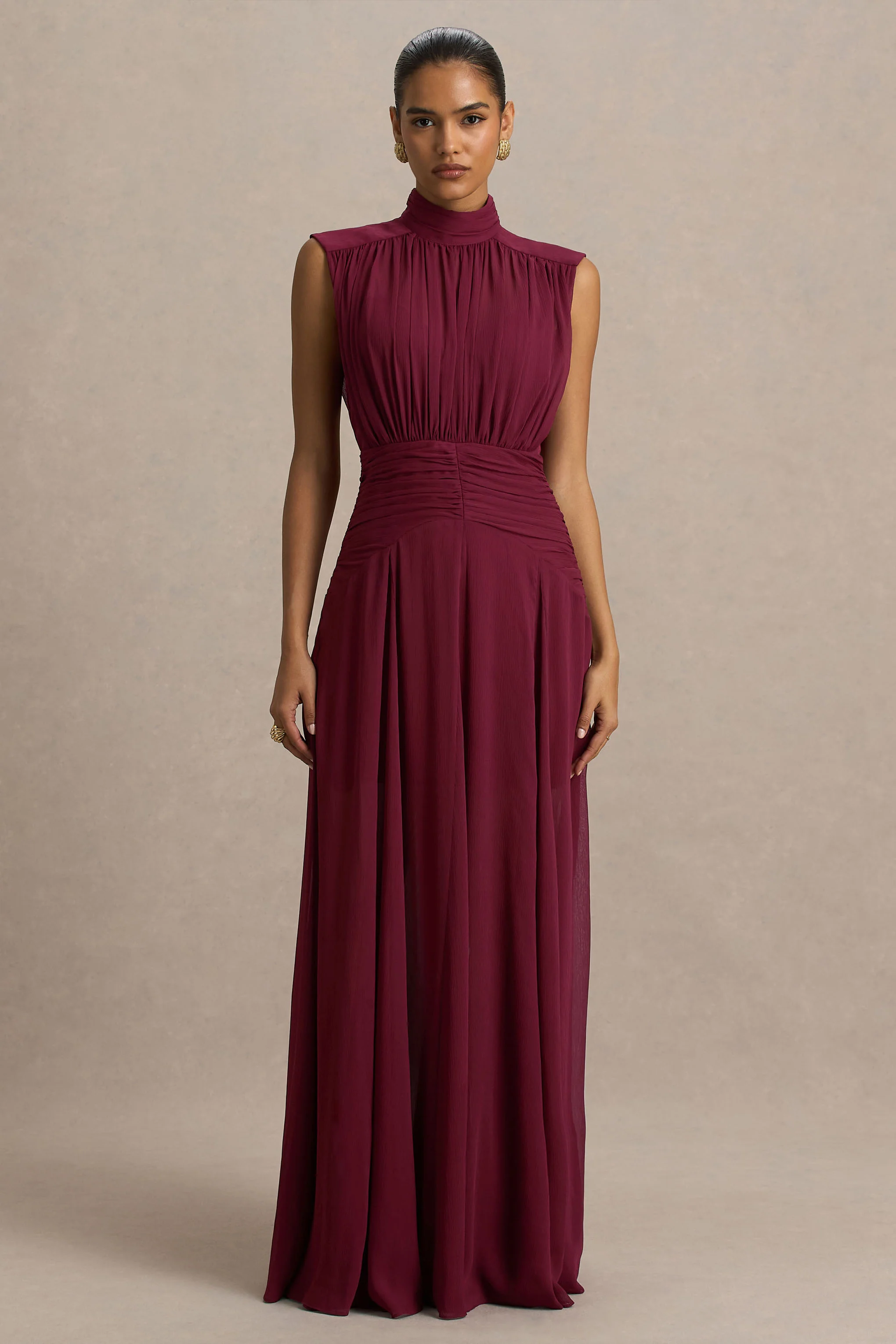 Melanina | Burgundy High-Neck Maxi Dress With Ruched Detailing - Image 5
