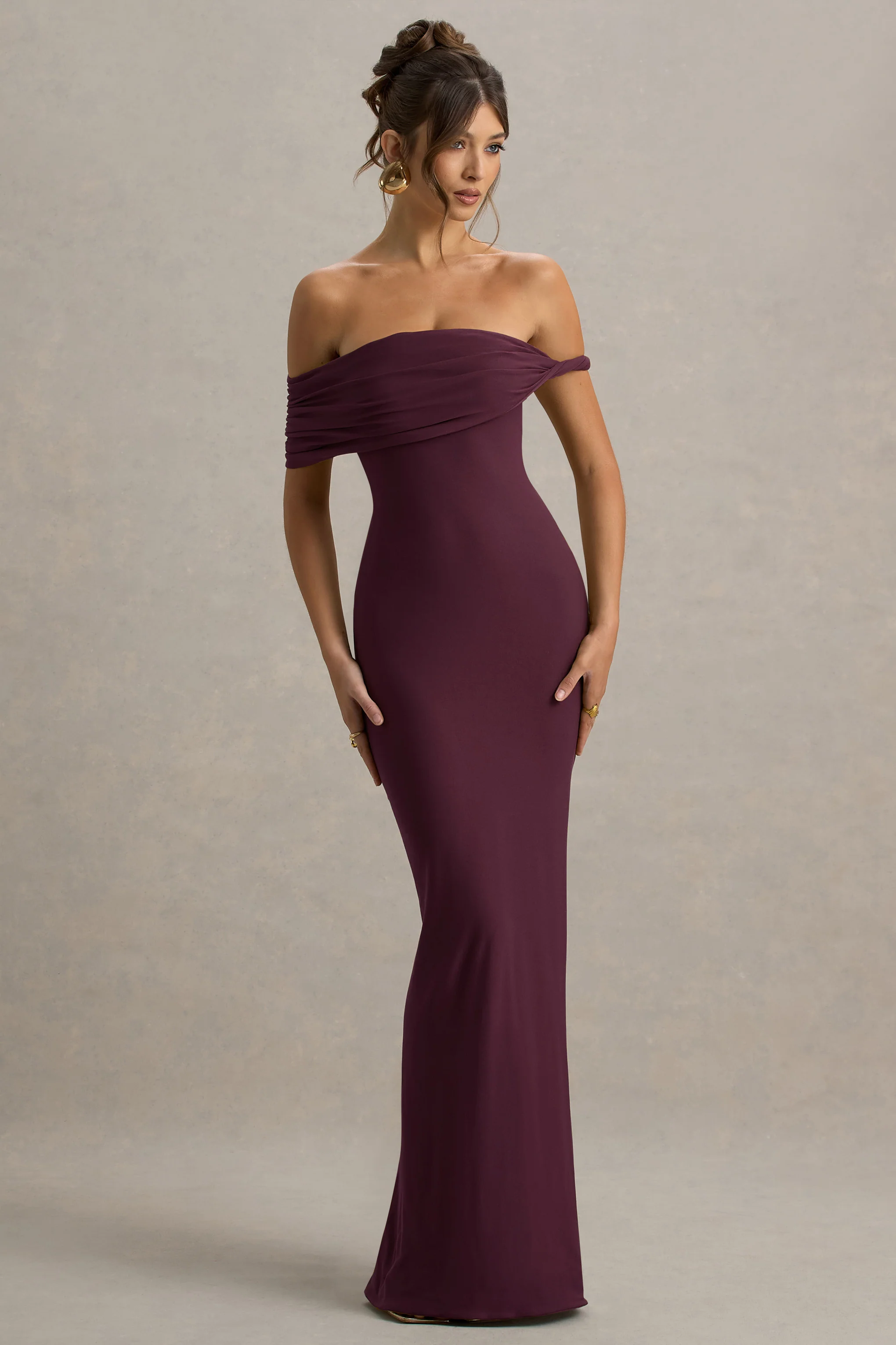 Melika | Burgundy Twisted Bardot Maxi Dress - Image 4