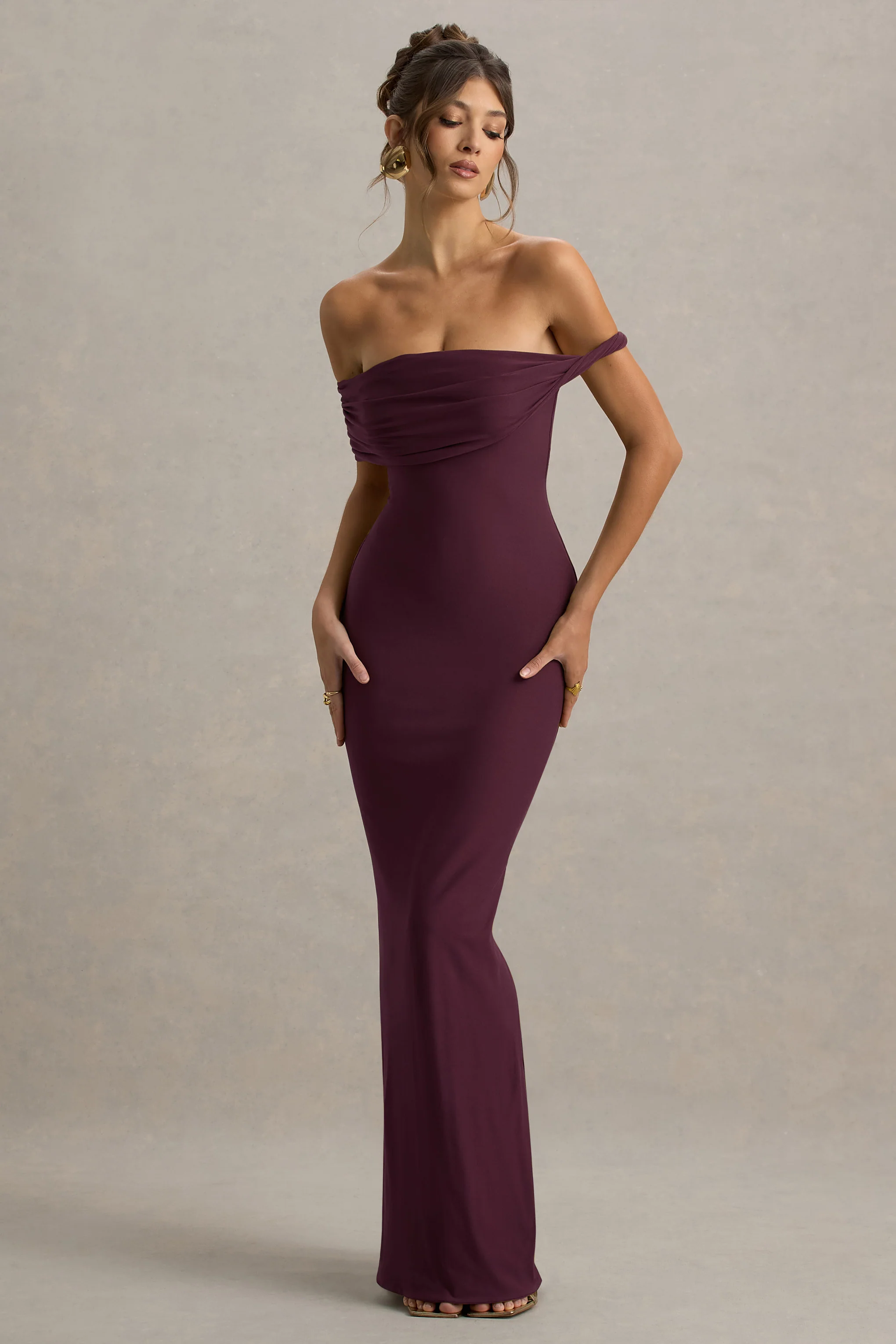 Melika | Burgundy Twisted Bardot Maxi Dress - Image 5