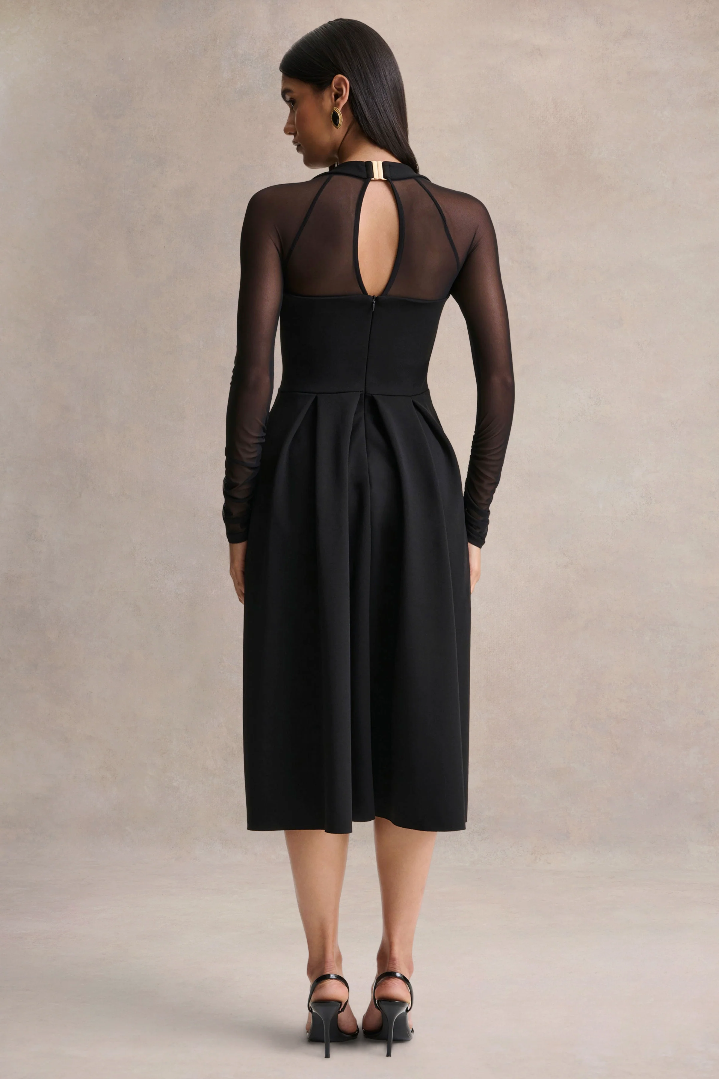 Melinda | Black Square-Neck Midi Dress With Mesh Detailing - Image 2