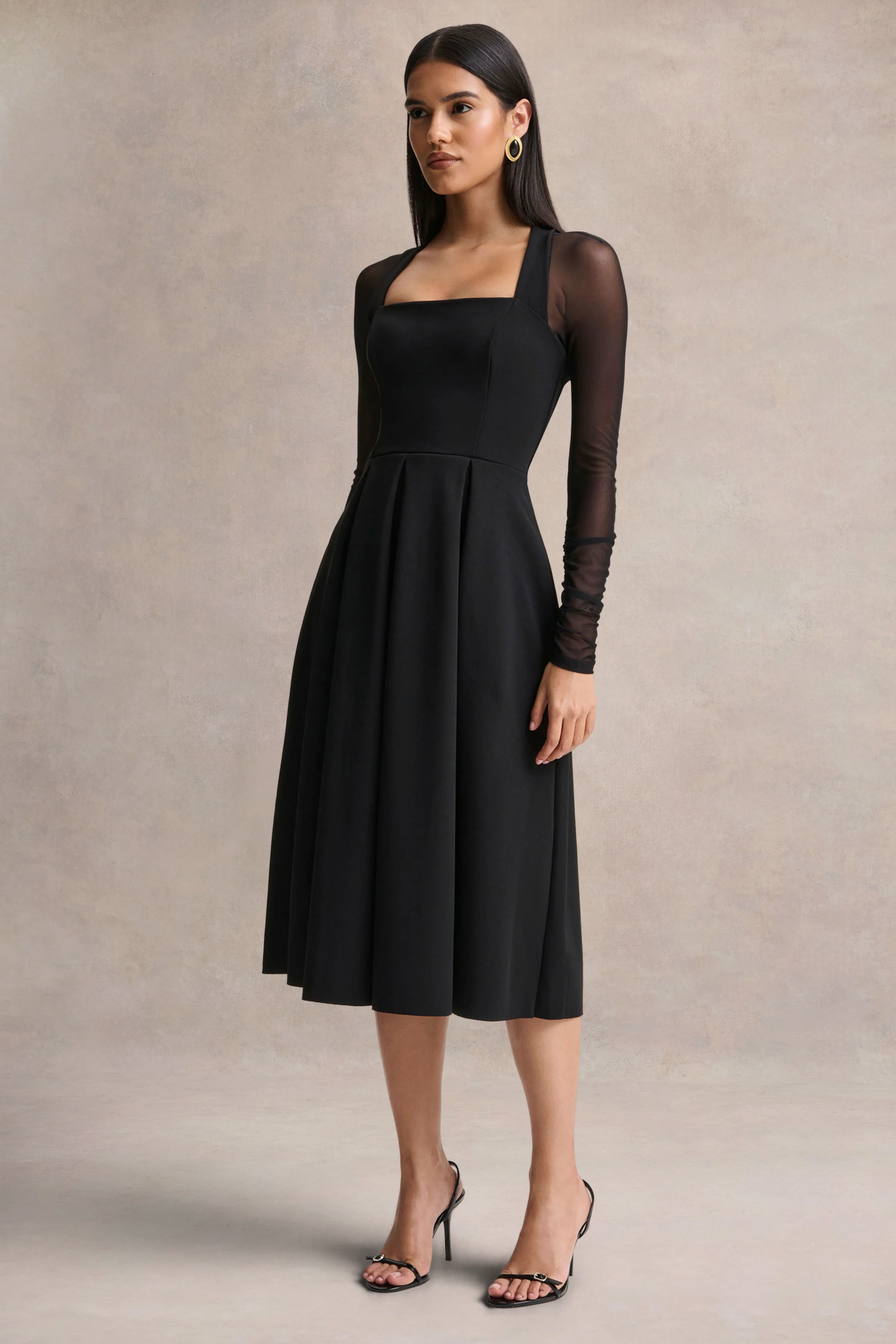 Melinda | Black Square-Neck Midi Dress With Mesh Detailing - Image 6