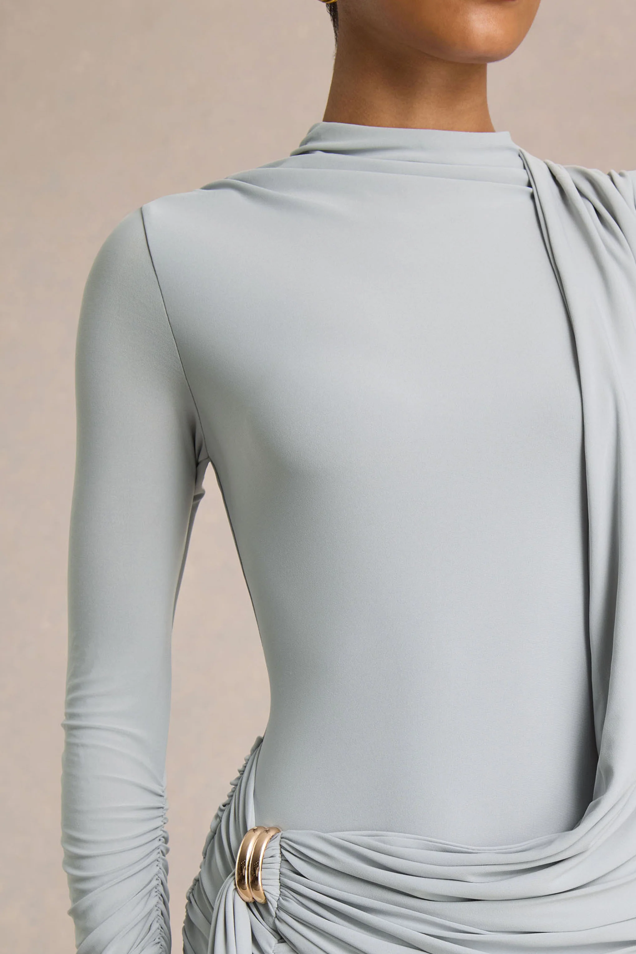 Melissa | Blue Long-Sleeve Wrap Maxi Dress With Draped Detailing - Image 3