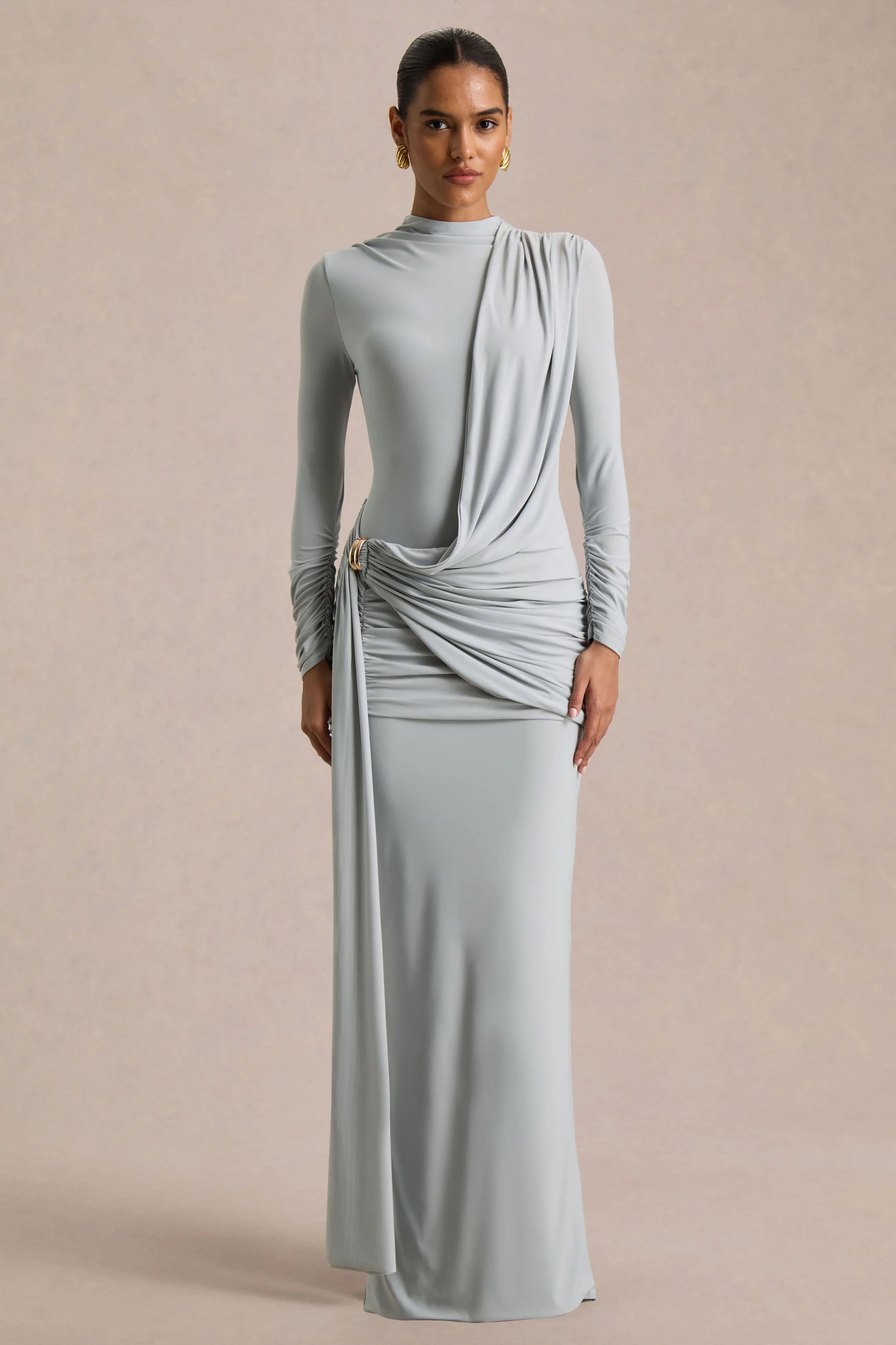 Melissa | Blue Long-Sleeve Wrap Maxi Dress With Draped Detailing - Image 4