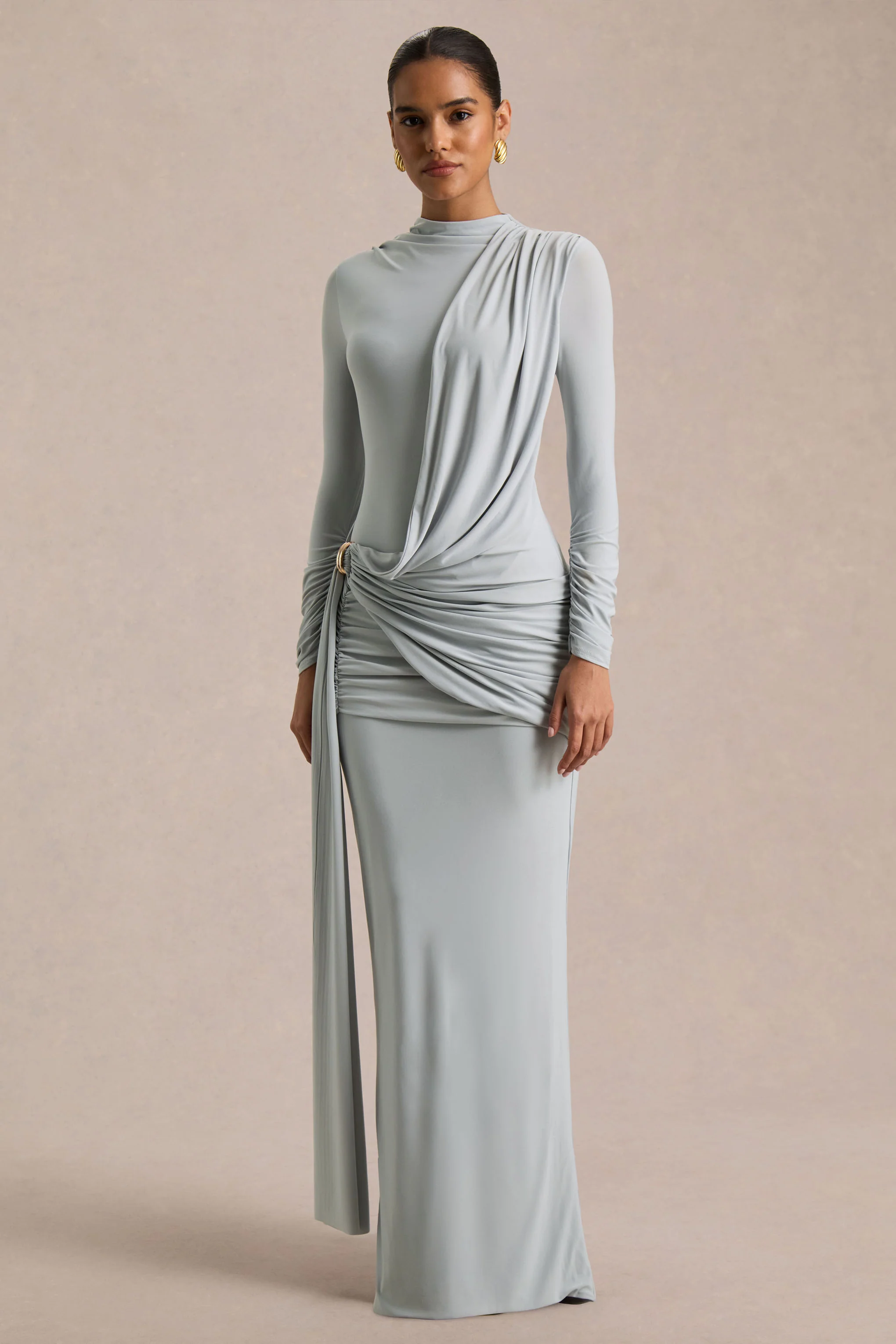 Melissa | Blue Long-Sleeve Wrap Maxi Dress With Draped Detailing - Image 5
