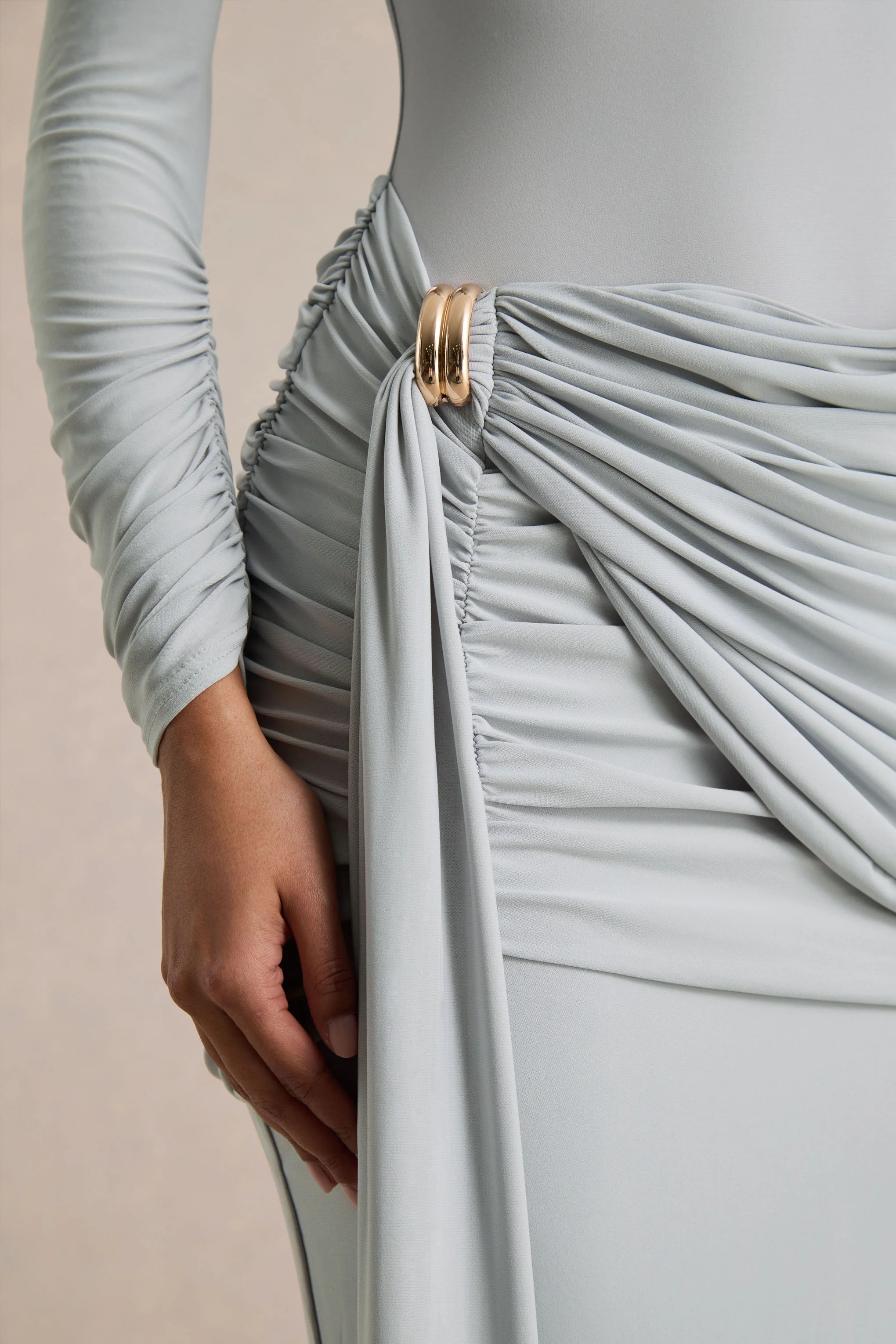 Melissa | Blue Long-Sleeve Wrap Maxi Dress With Draped Detailing - Image 6