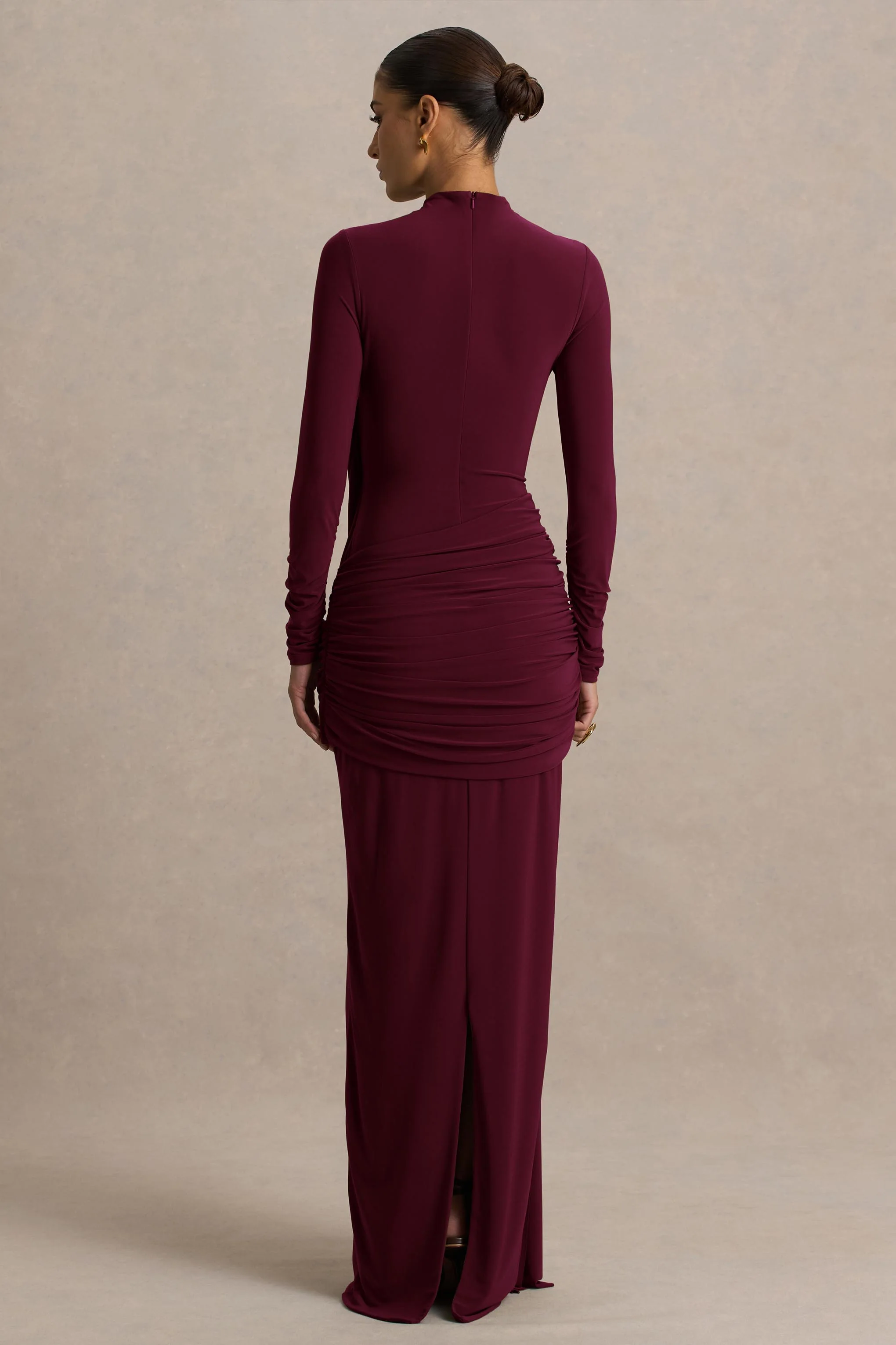 Melissa | Burgundy Long-Sleeve Wrap Maxi Dress With Draped Detailing - Image 2