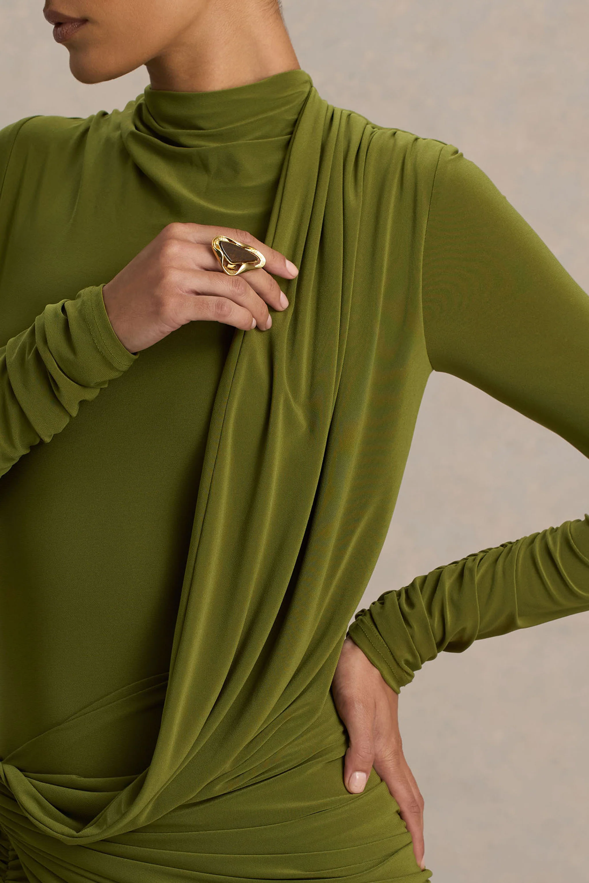 Melissa | Olive Long-Sleeve Wrap Maxi Dress With Draped Detailing - Image 3