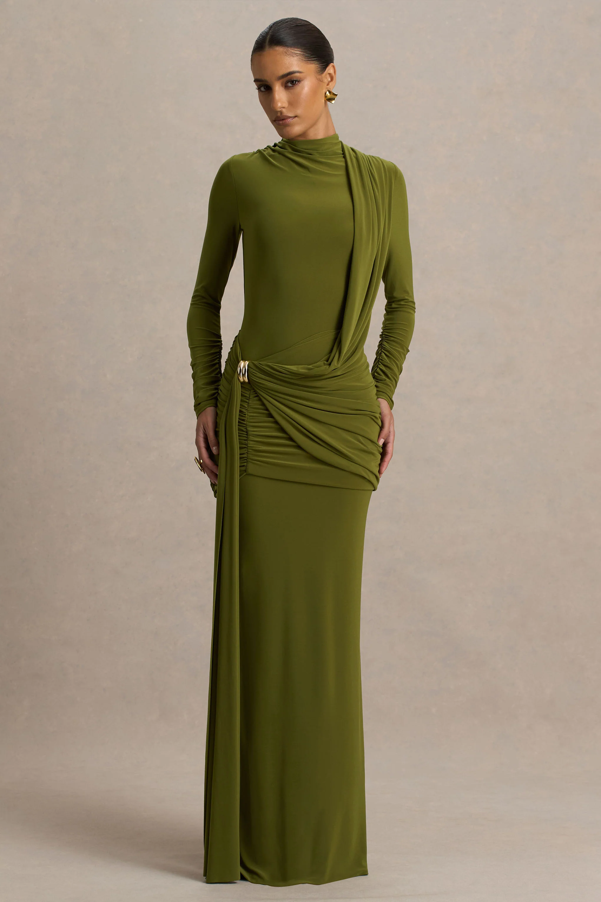 Melissa | Olive Long-Sleeve Wrap Maxi Dress With Draped Detailing - Image 4