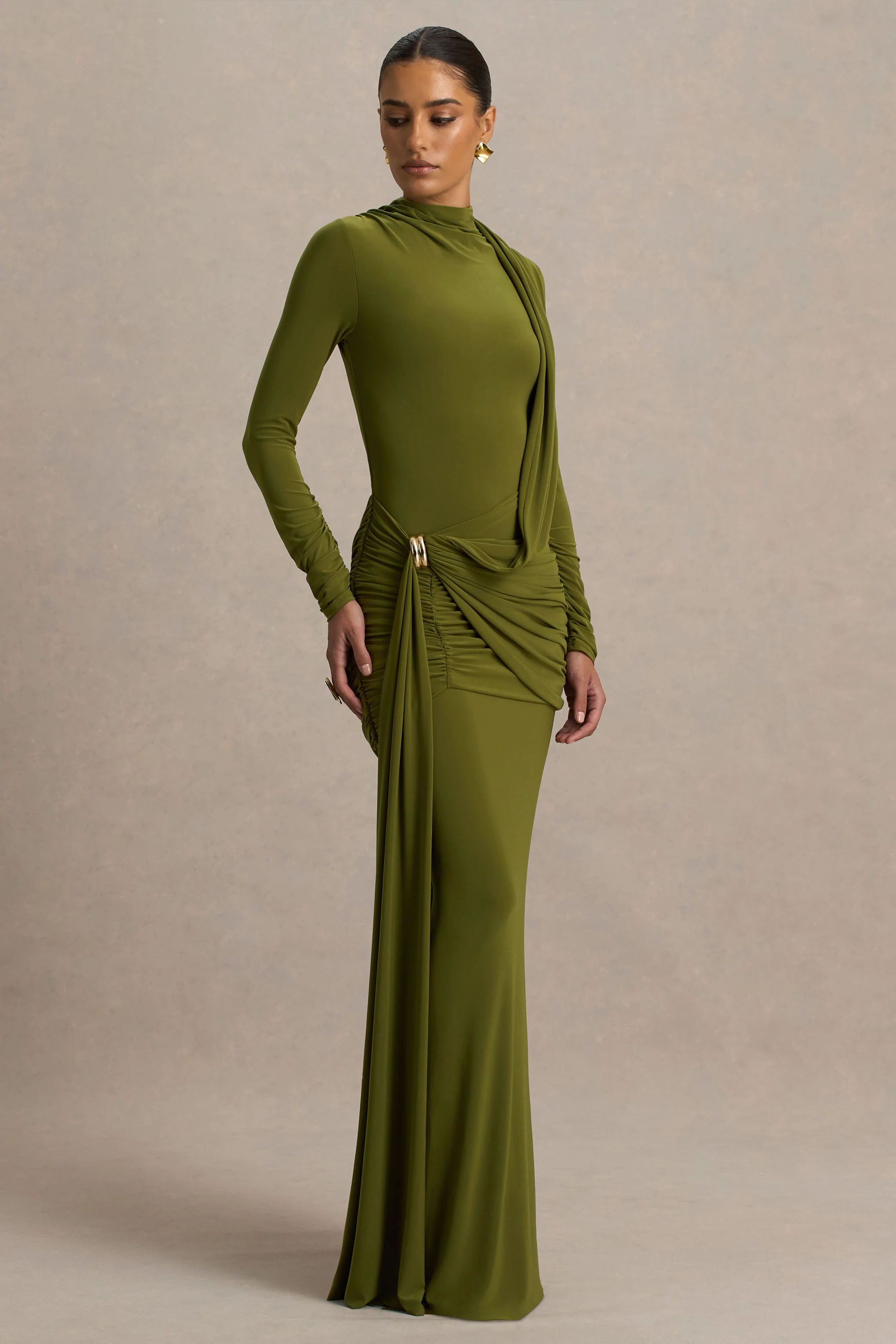 Melissa | Olive Long-Sleeve Wrap Maxi Dress With Draped Detailing - Image 5