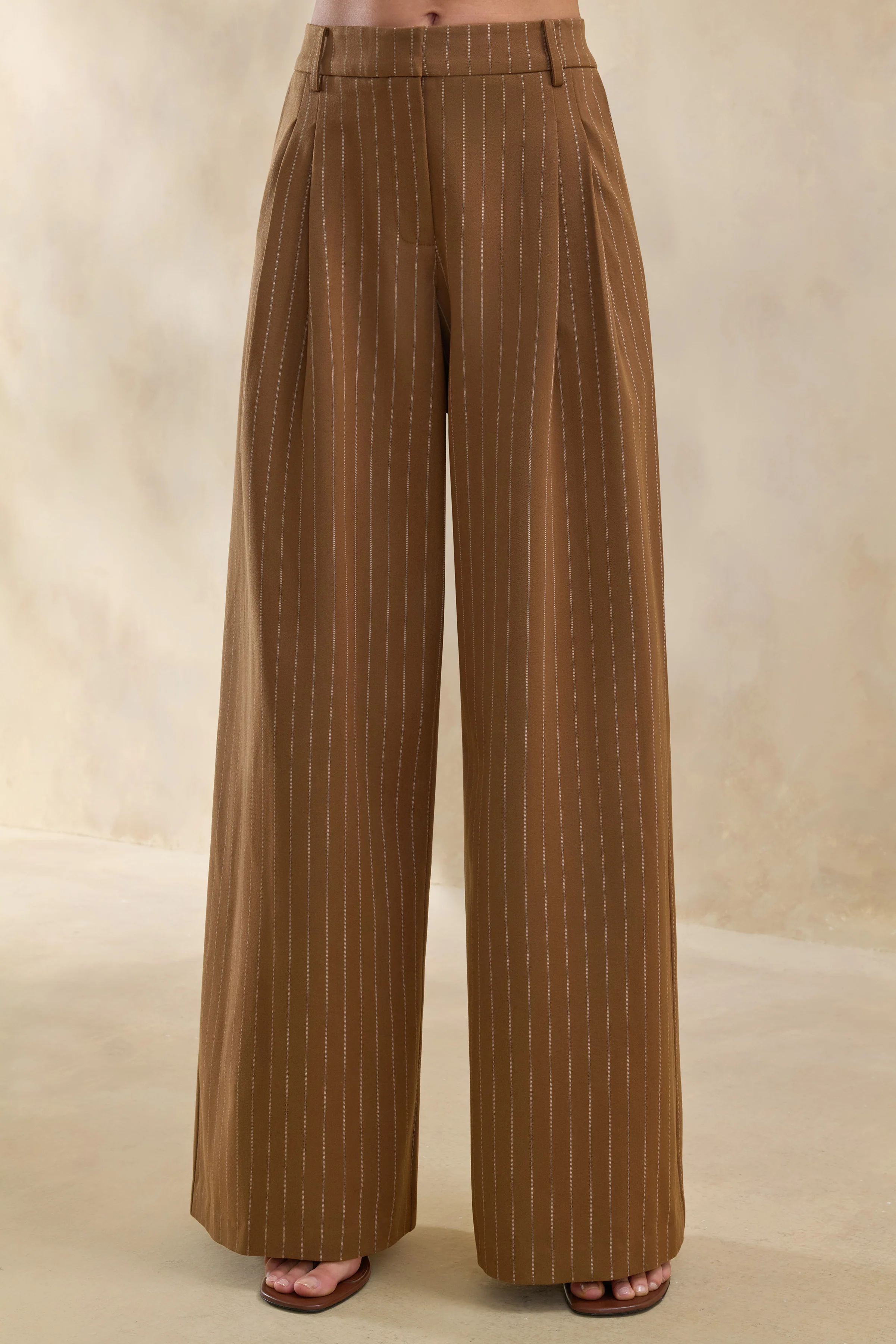 Meliva | Brown Pinstripe Wide-Leg Tailored Trouser - Image 3