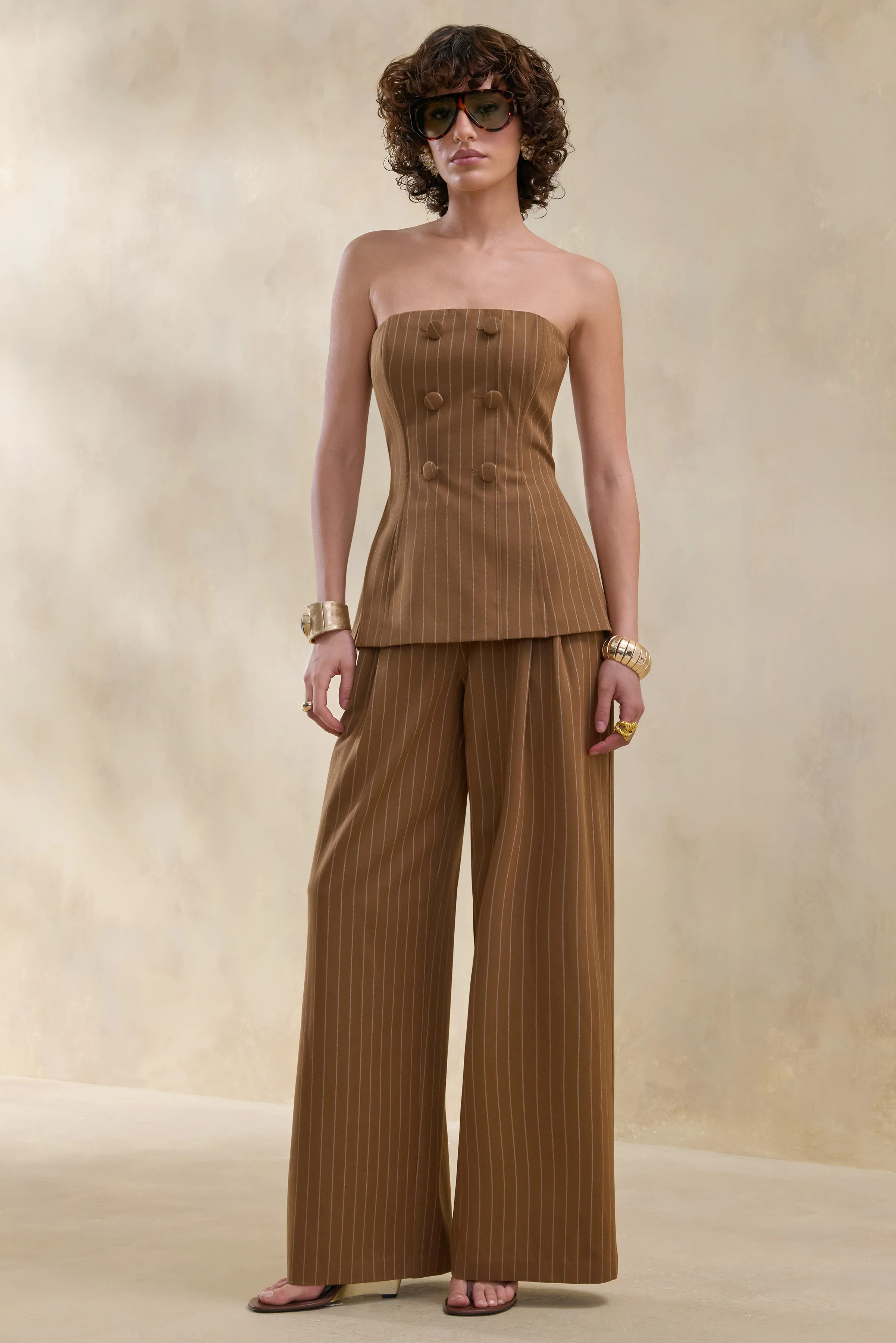 Meliva | Brown Pinstripe Wide-Leg Tailored Trouser - Image 5