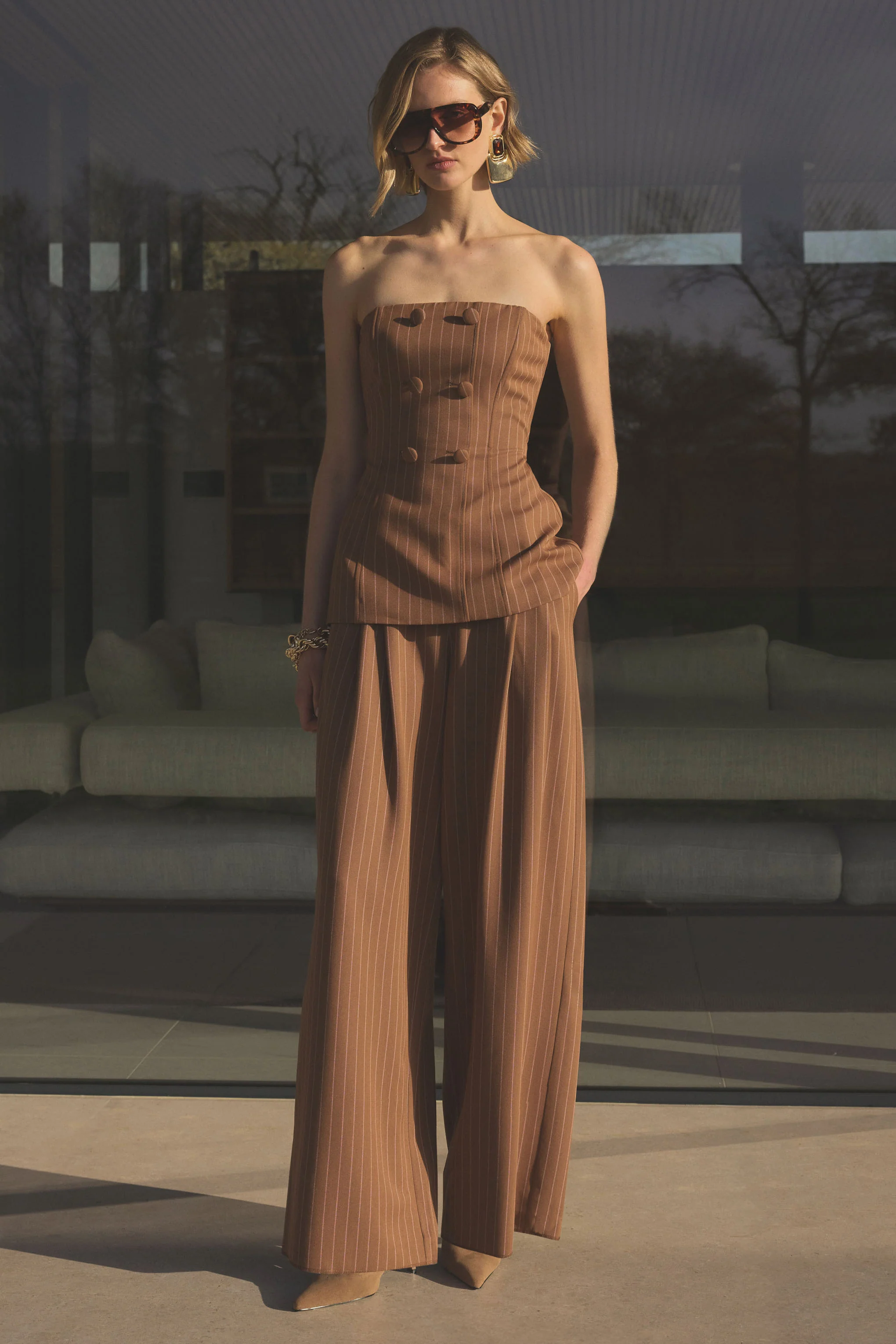 Meliva | Brown Pinstripe Wide-Leg Tailored Trouser - Image 7