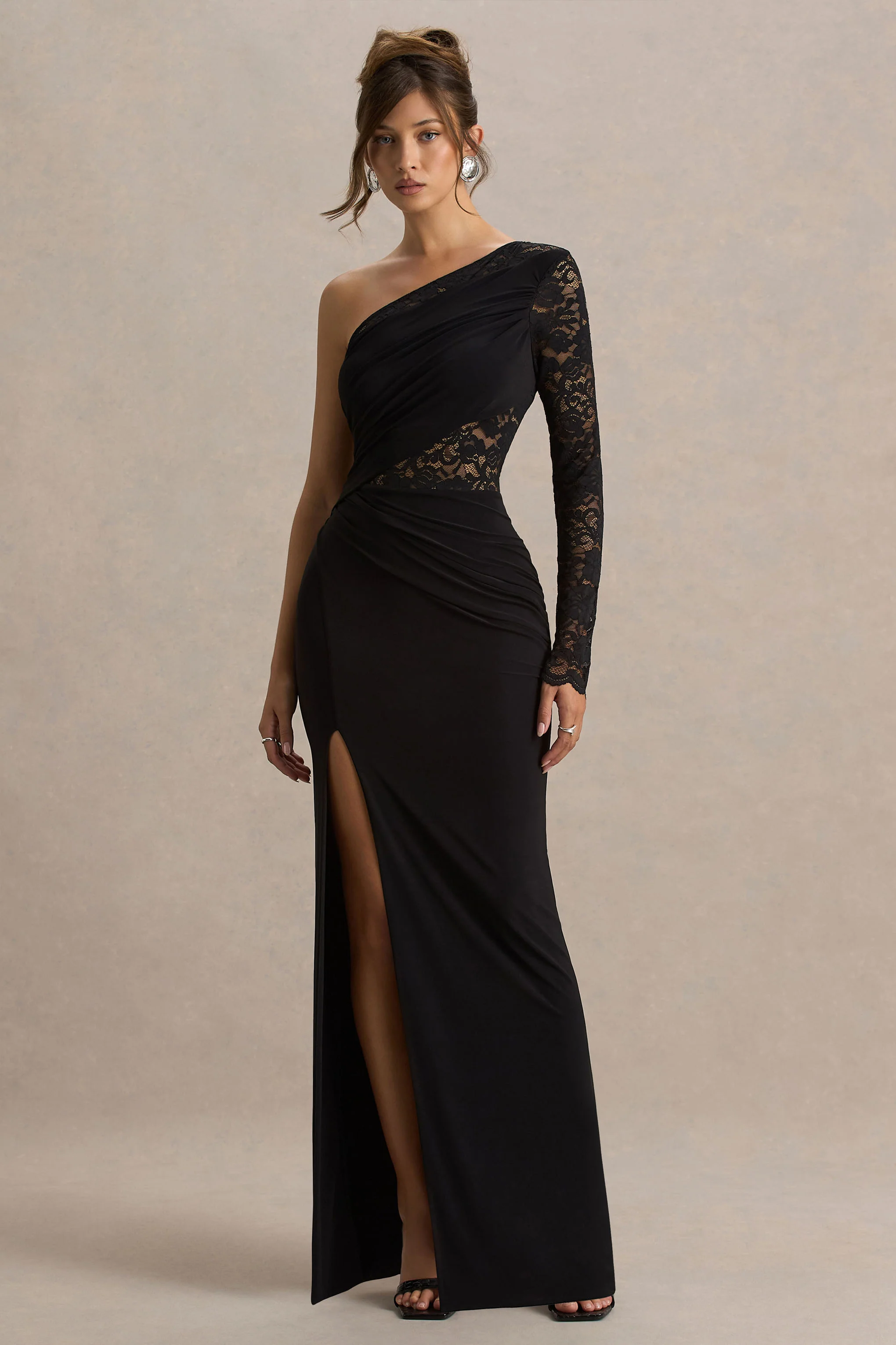 Melody | Black Asymmetric-Neck Maxi Dress With Lace Detailing And Front-High Split - Image 4