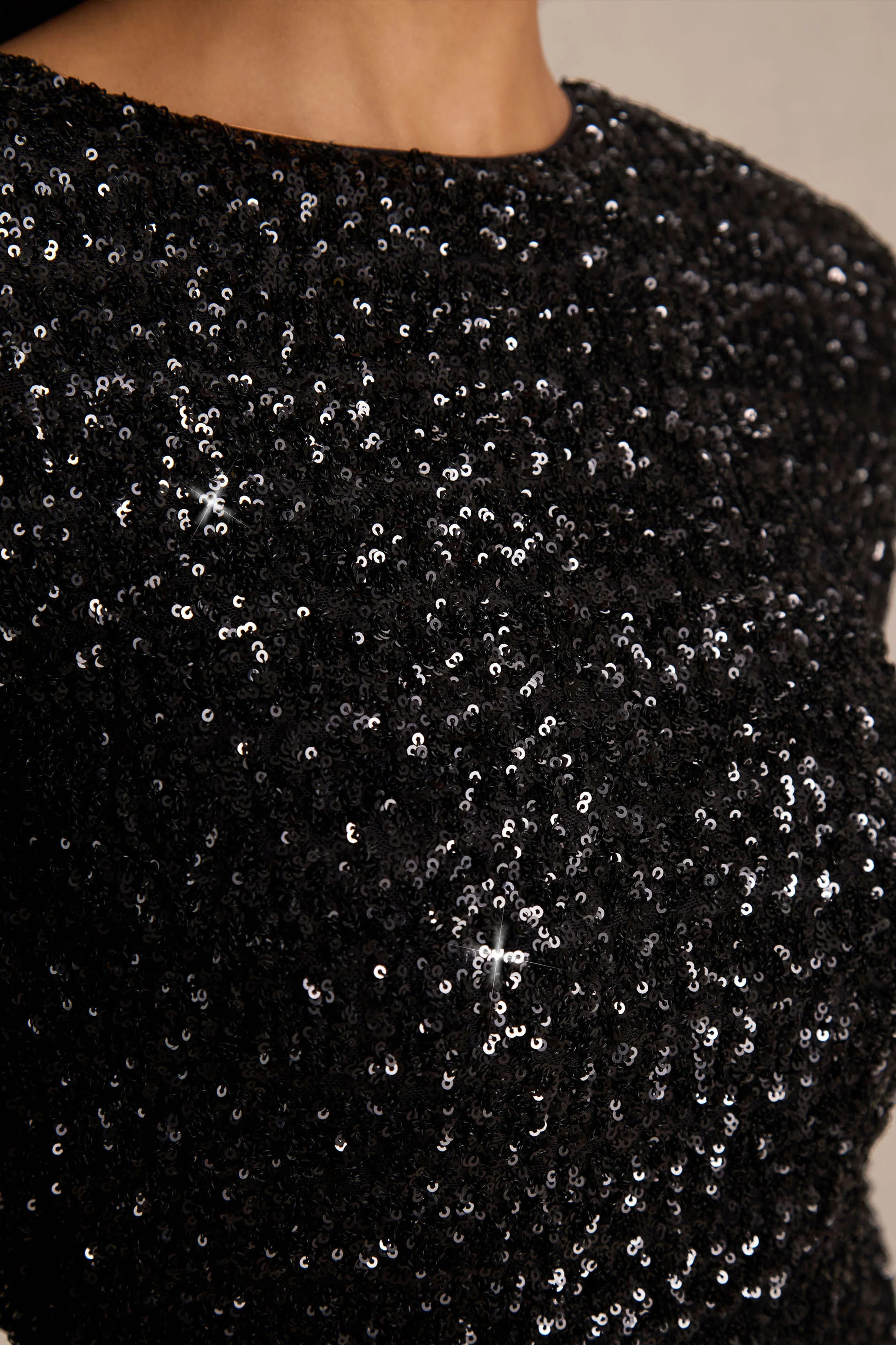 Mercedes | Black Sequin Boat-Neck Mini Dress With Draped Detail And Open Back - Image 6