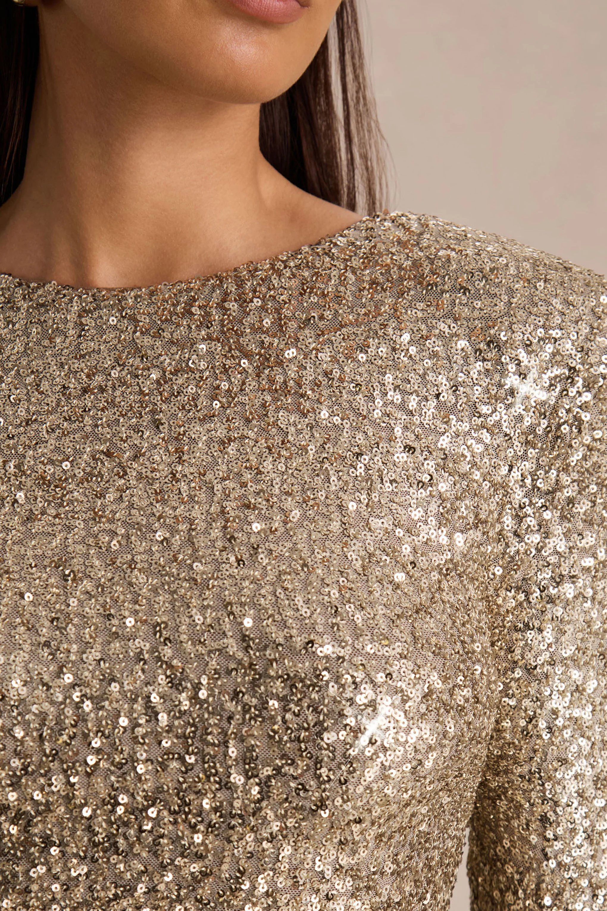 Mercedes | Champagne Sequin Boat-Neck Mini Dress With Draped Detail And Open Back - Image 6