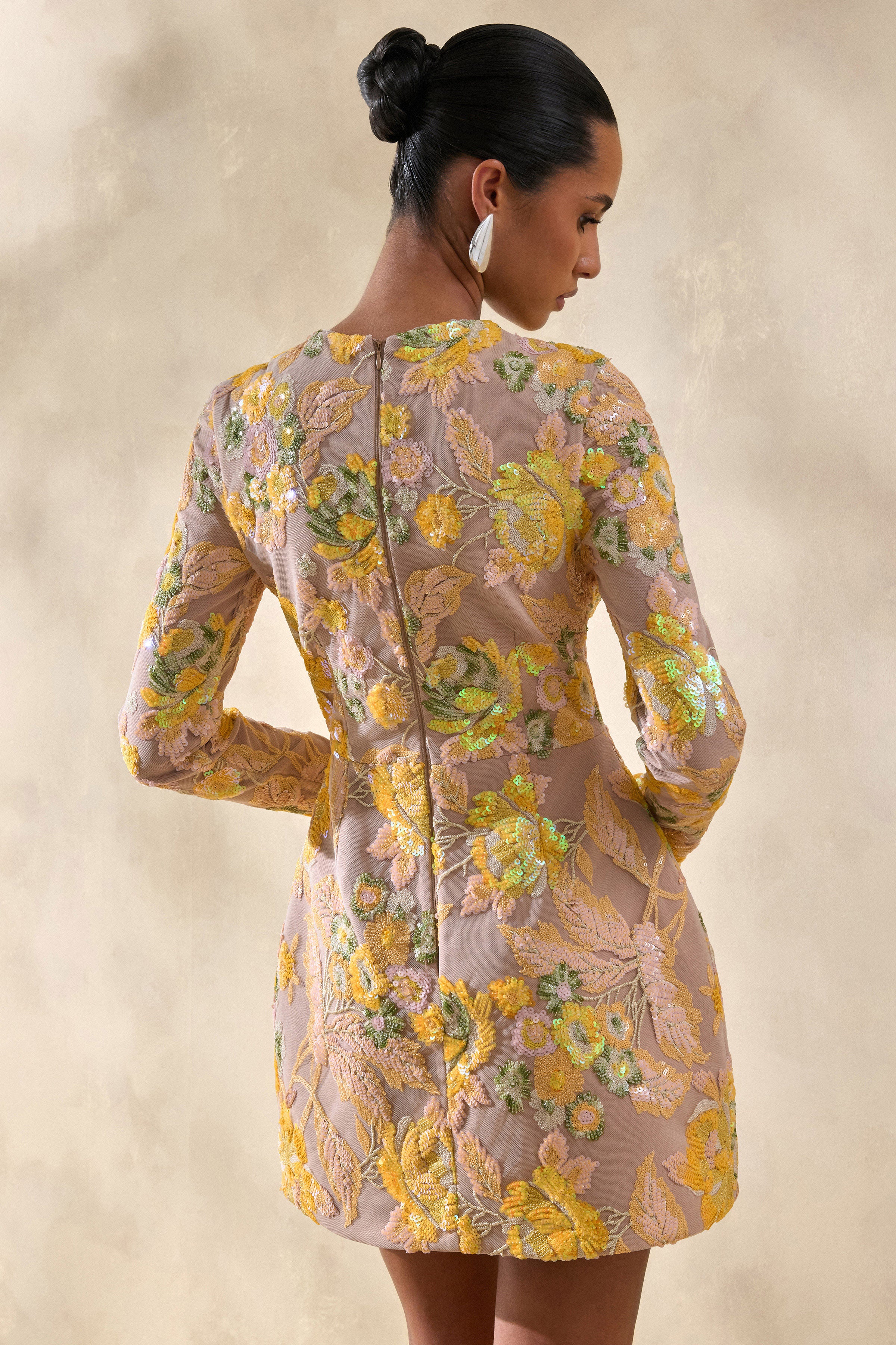Merdia | Yellow Embellished Floral Crew-Neck Mini Dress - Image 2