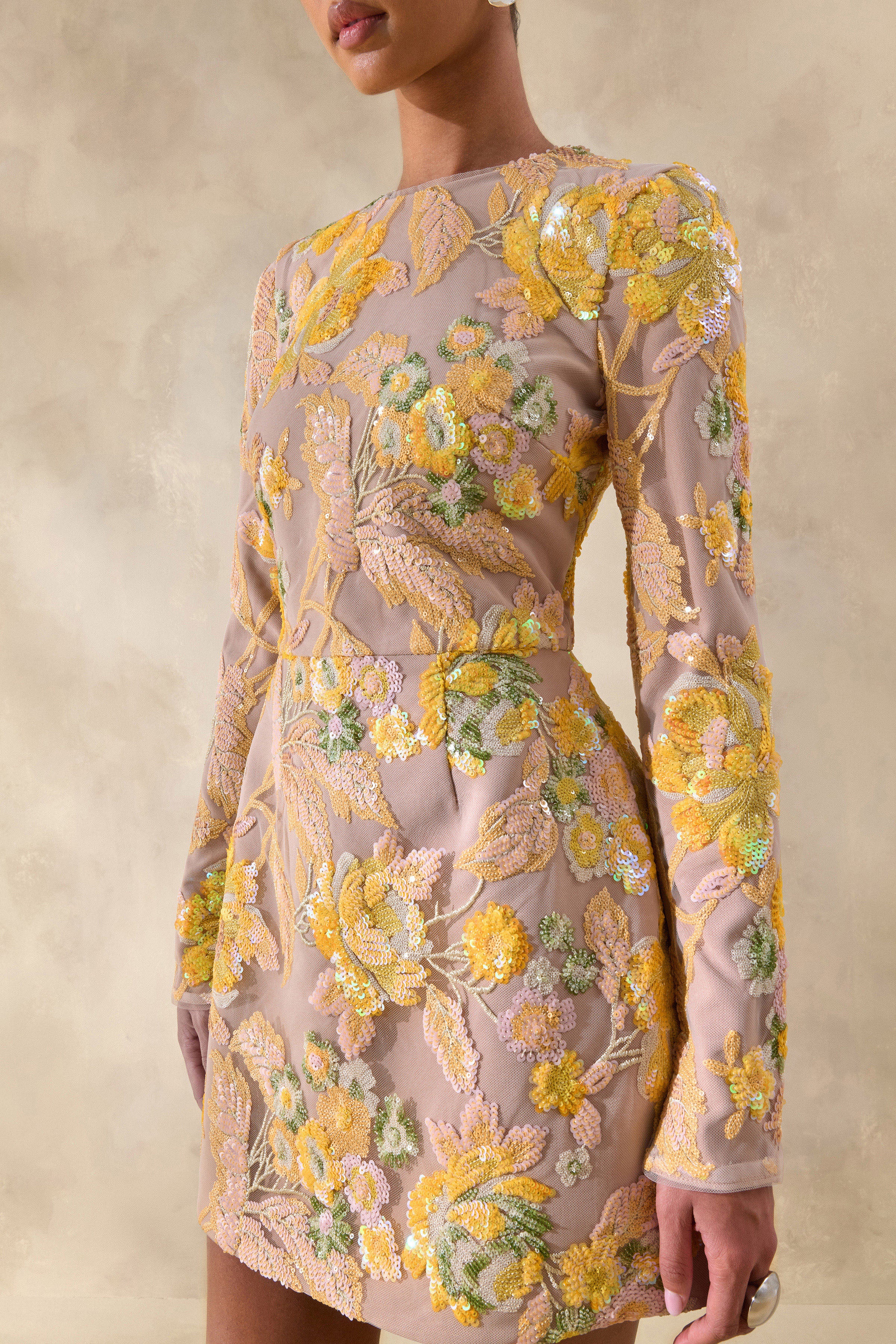 Merdia | Yellow Embellished Floral Crew-Neck Mini Dress - Image 3