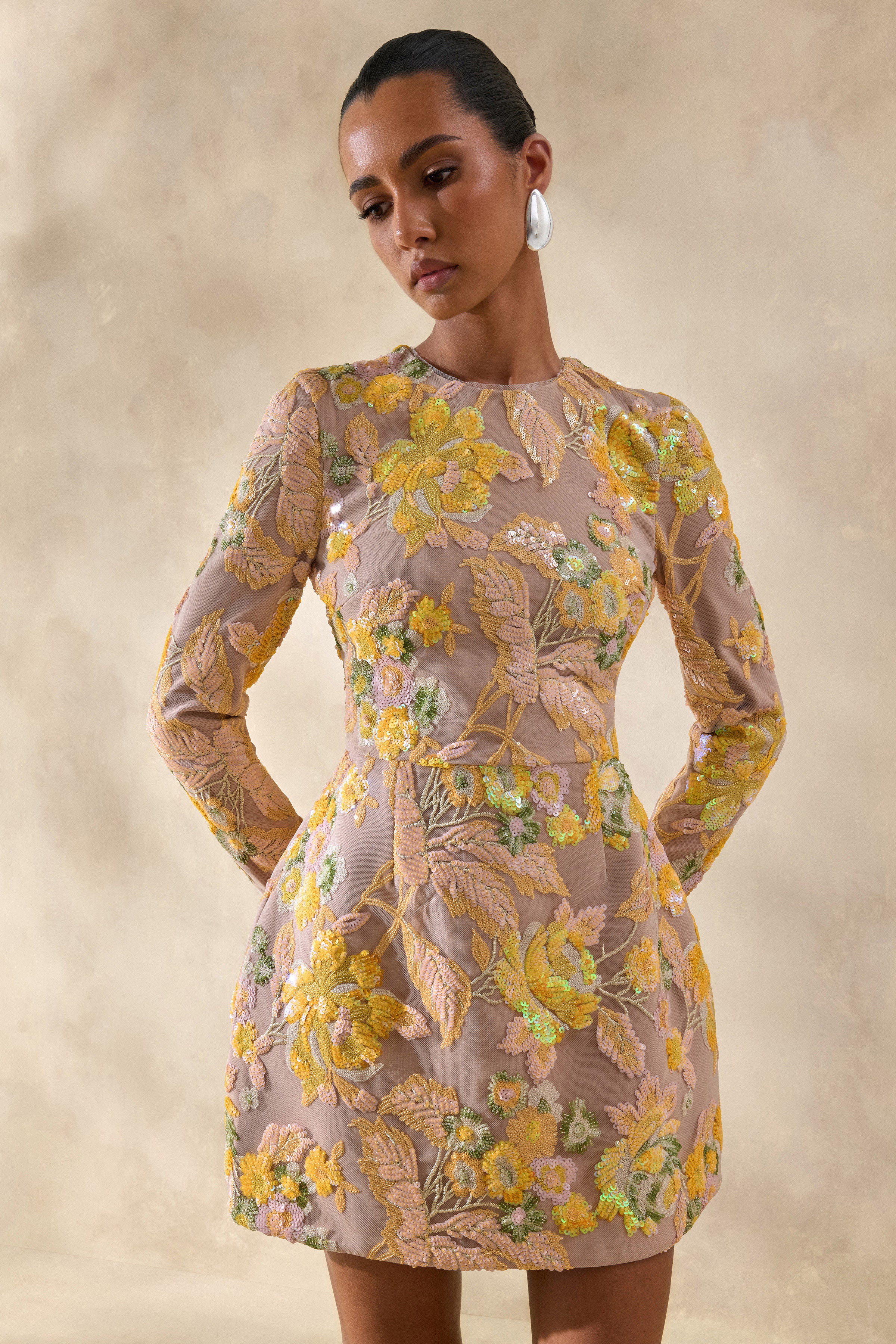Merdia | Yellow Embellished Floral Crew-Neck Mini Dress - Image 7
