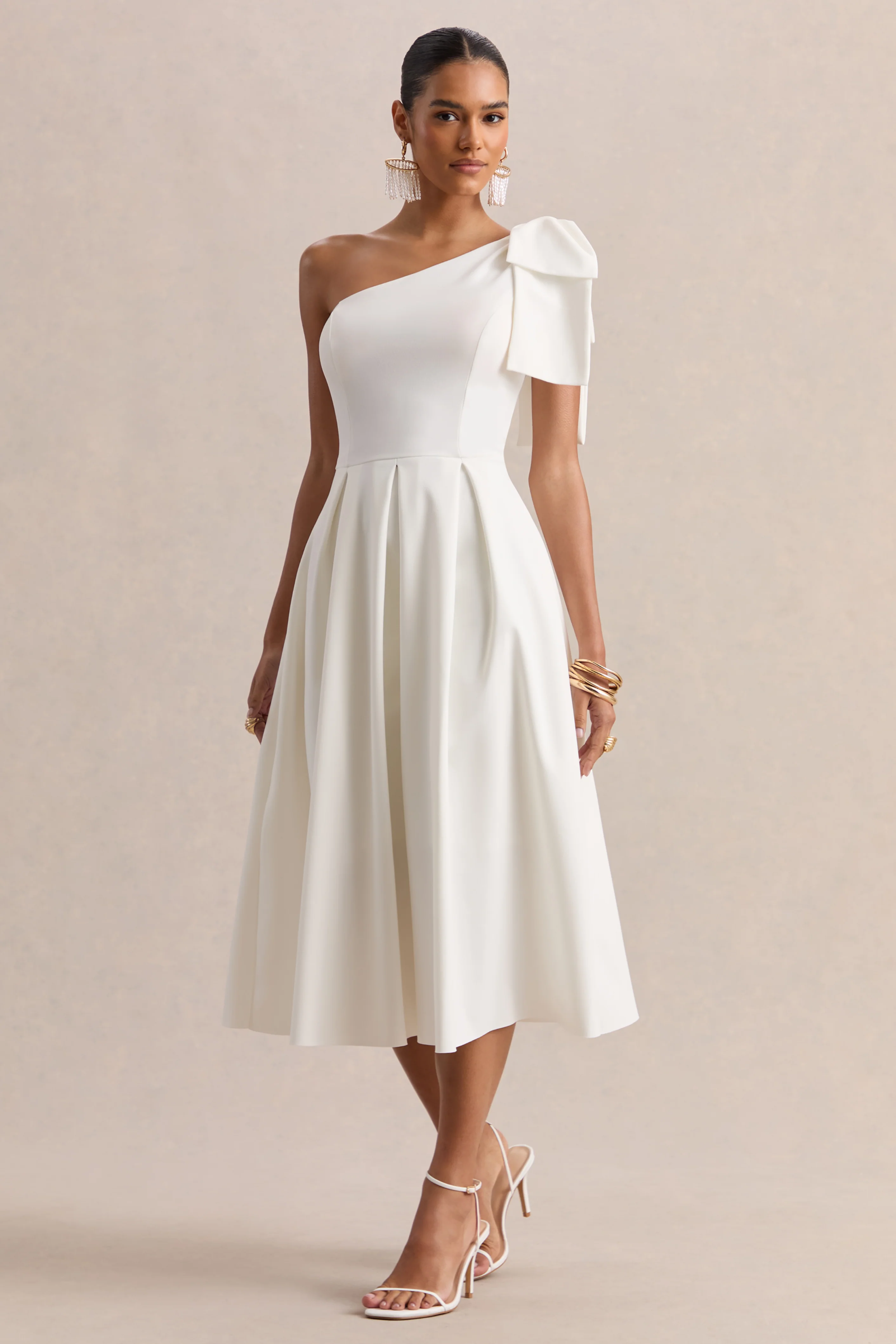 Meria | White Asymmetric-Neck Midi Dress With Bow-Sleeve - Image 4