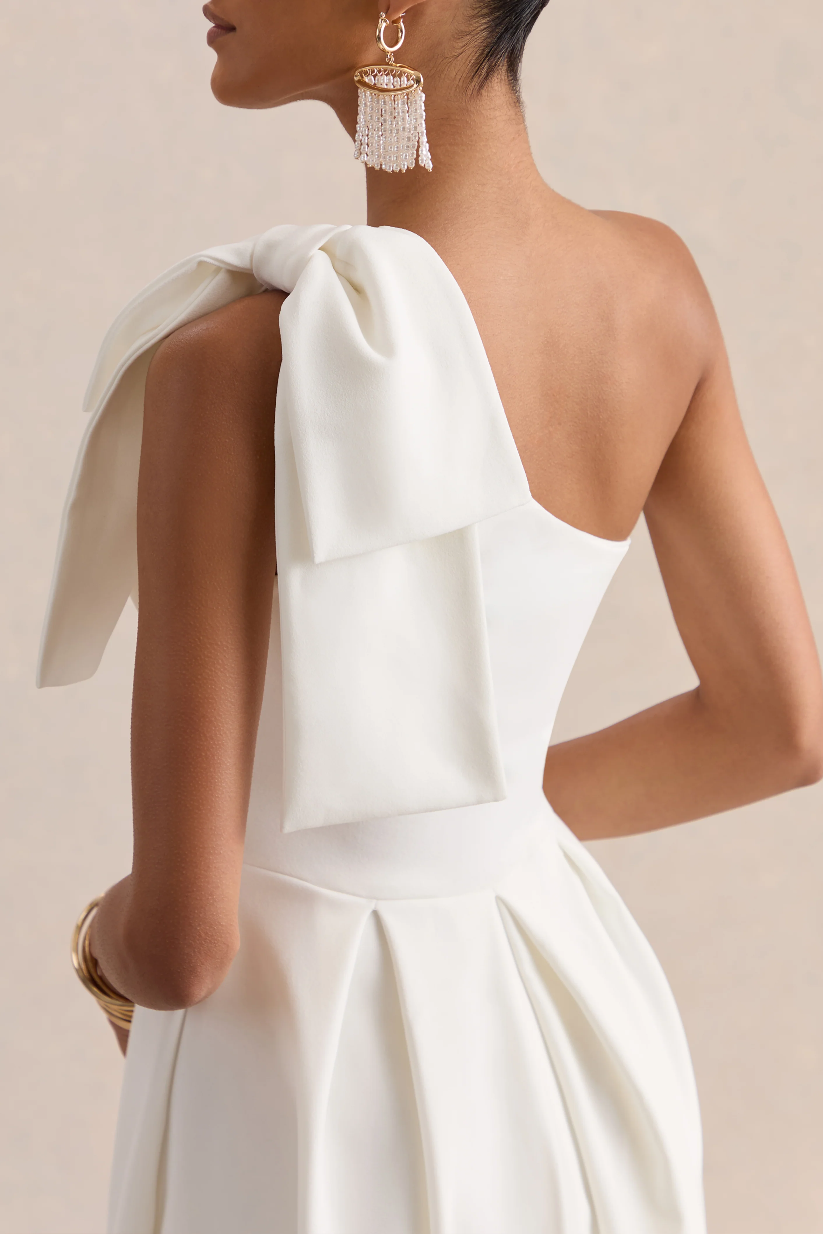 Meria | White Asymmetric-Neck Midi Dress With Bow-Sleeve - Image 6