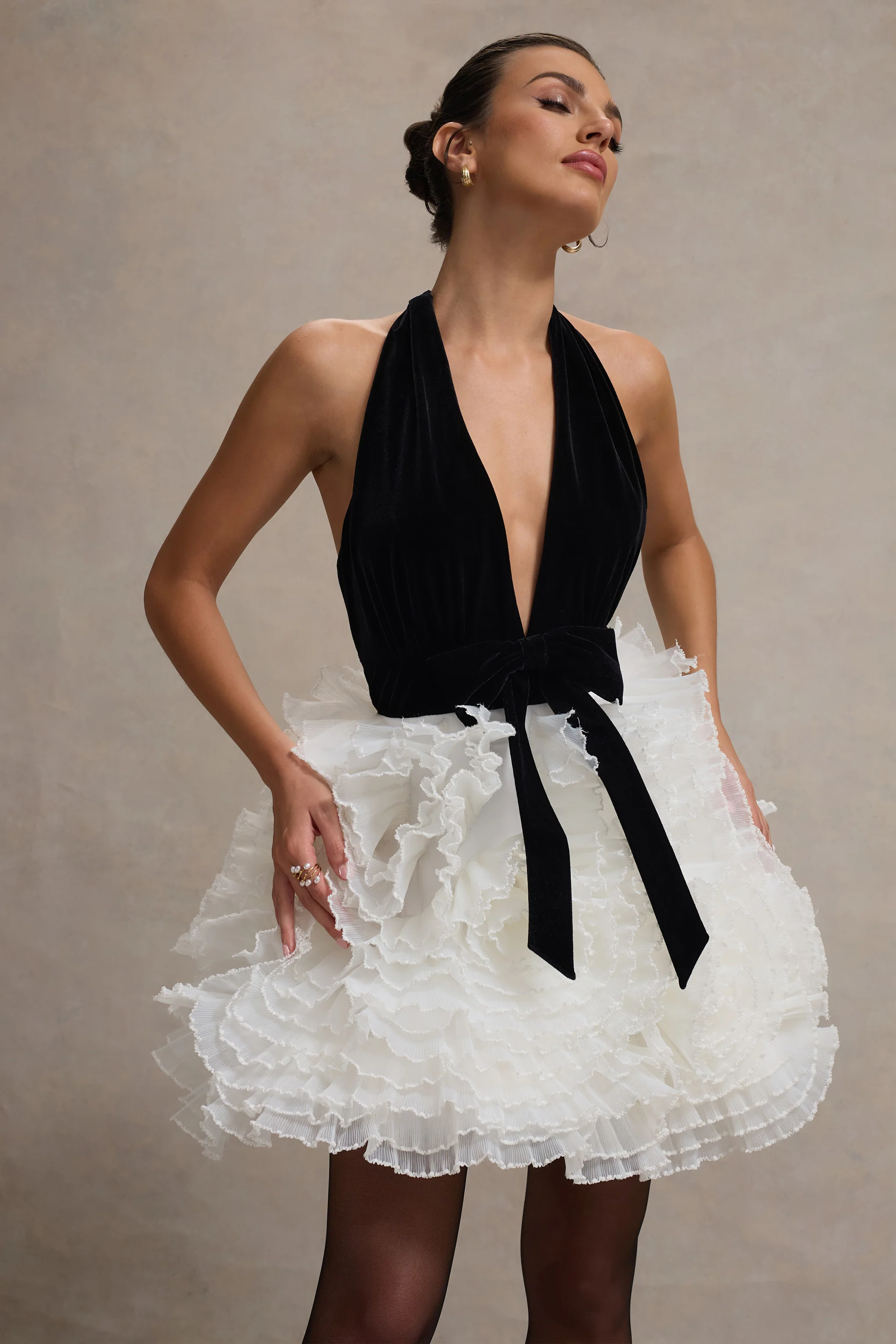 Meringue | Black Velvet Plunge-Neck Mini Dress With Tulle Skirt - Image 3