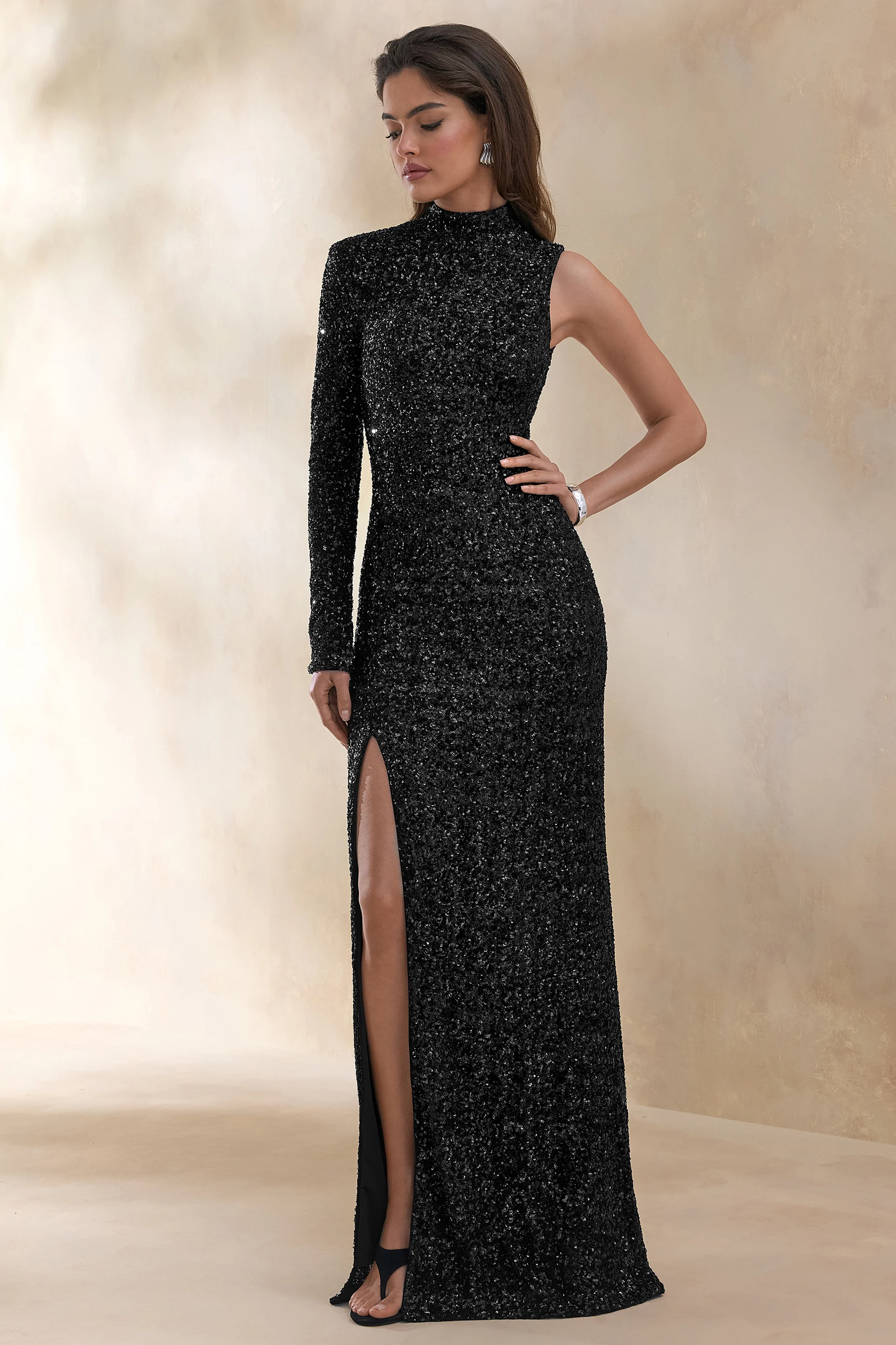Mery | Black Sequin High-Neck Wrap Maxi Dress With One-Long Sleeve - Image 6