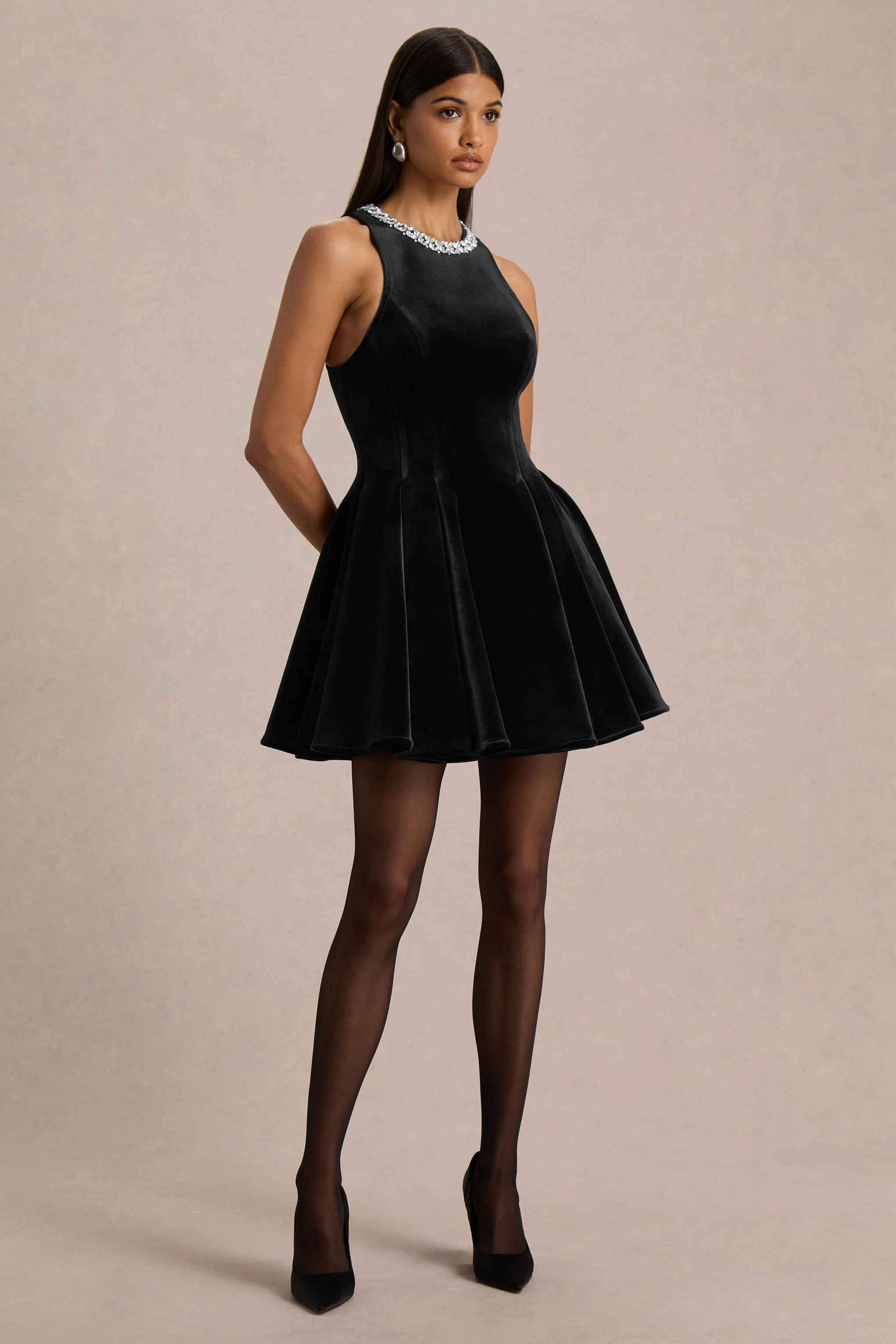 Meva | Black Velvet Hand-Embellished High-Neck Mini Dress - Image 4