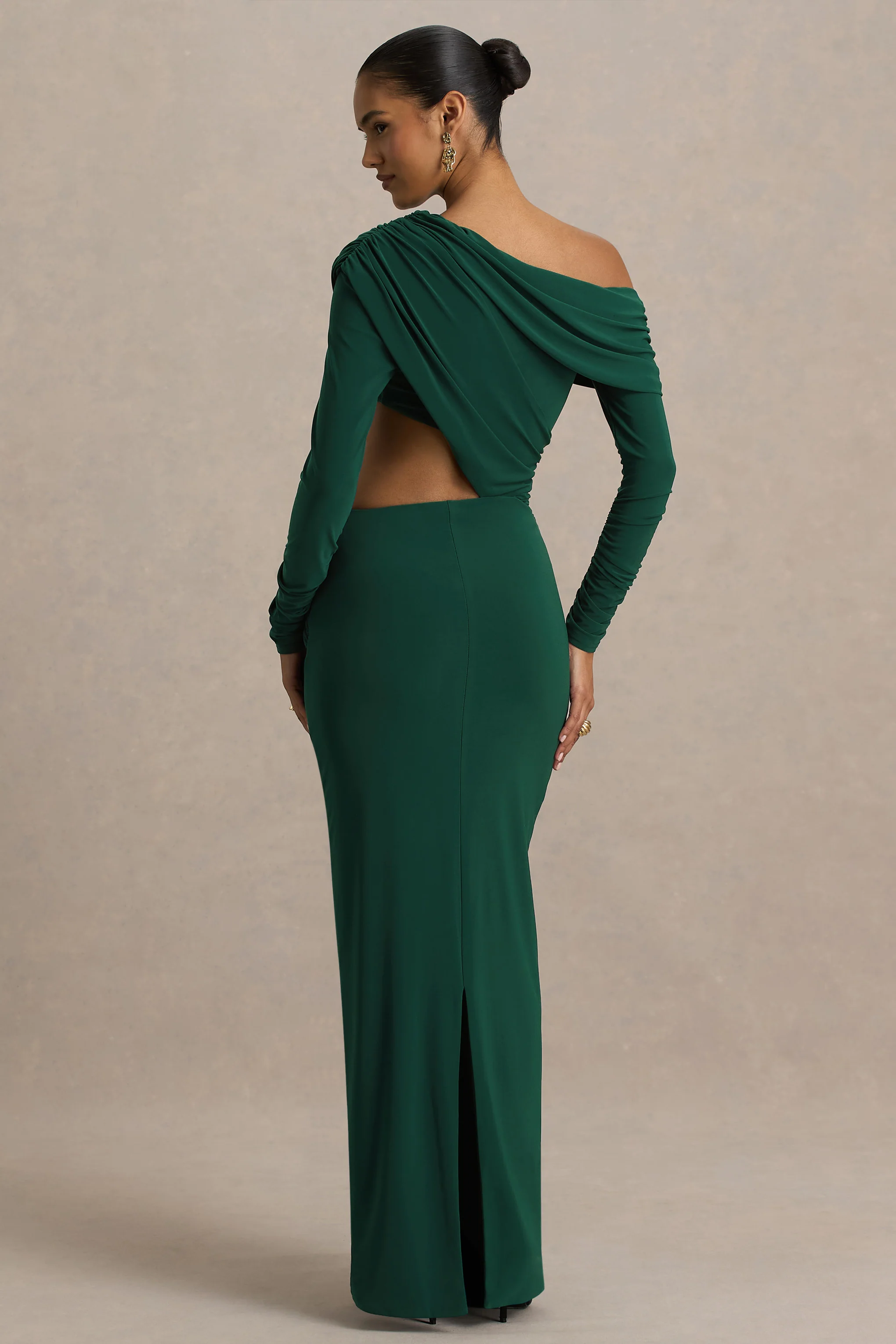 Mikayla | Dark Green Asymmetric-Neck Wrap Maxi Dress With Body Cut-Out And Ruched Detailing - Image 2